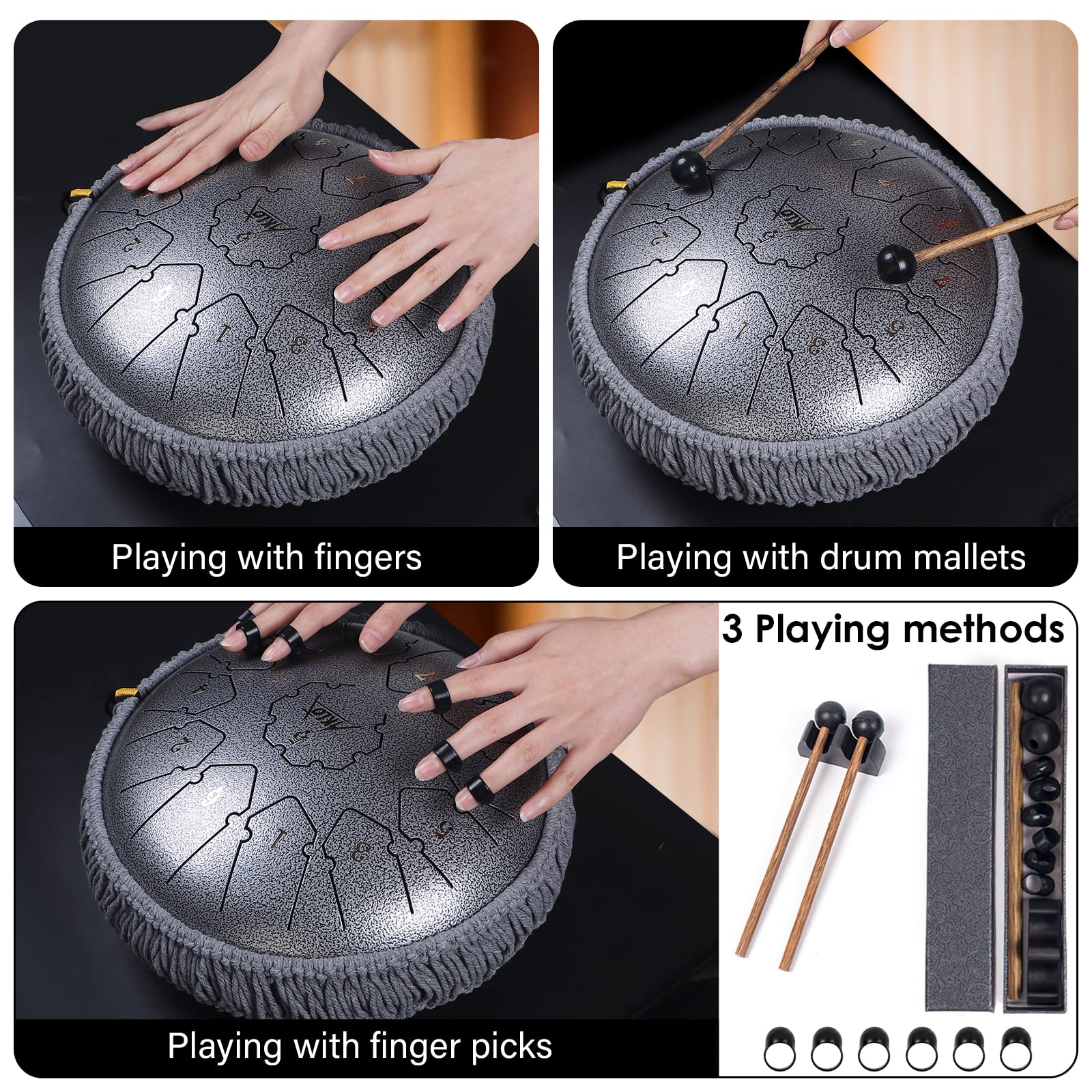 Aklot Steel Tongue Drum - 12 Inches 13 Notes - Percussion Instruments - Hand Pan Drum With Music Book, Drum Mallets And Carry Ba