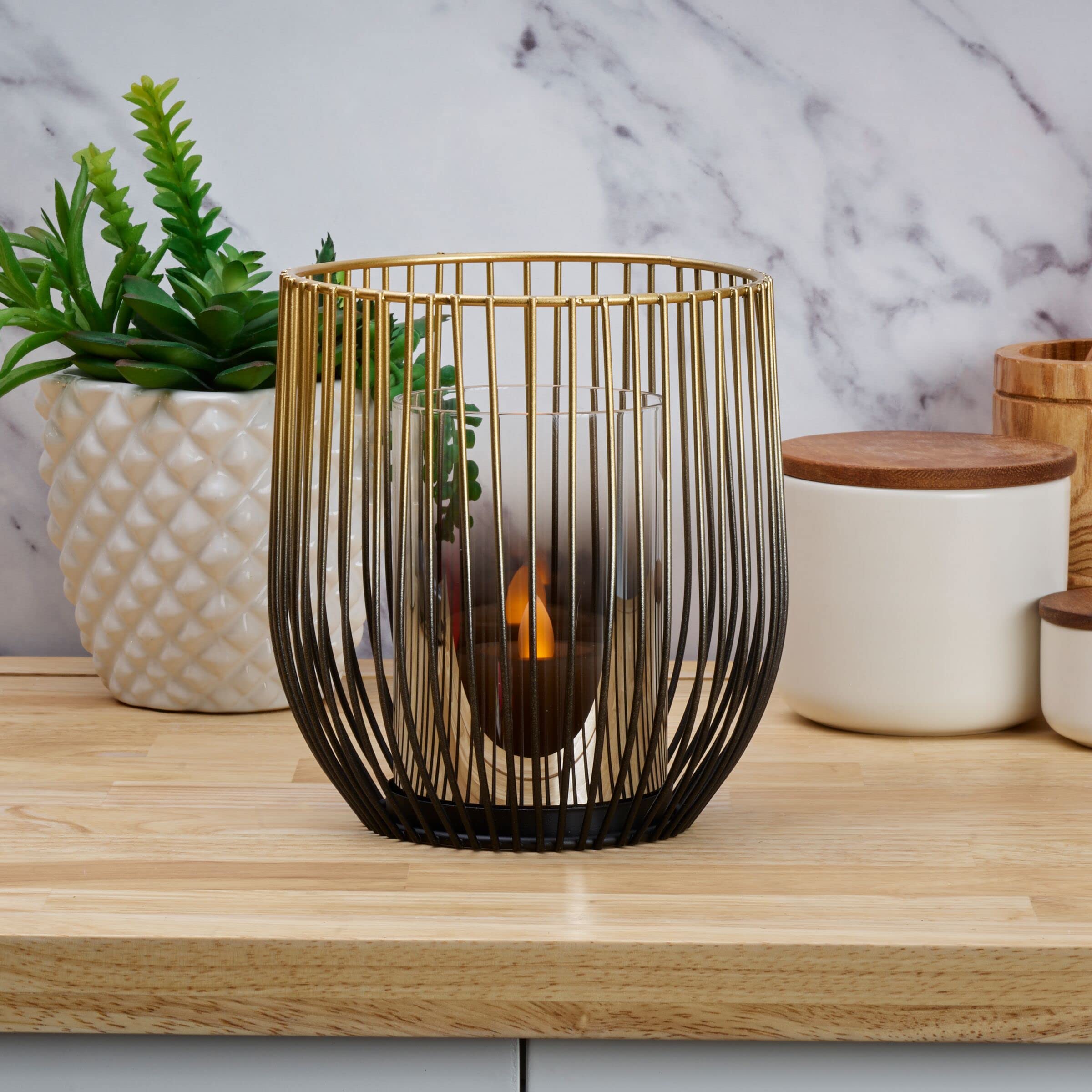 Elements 6.1X6.1X6.89 Inch Gold And Black Wire With Clear Glass Candleholder, For Use With Wax Or Flameless Candle