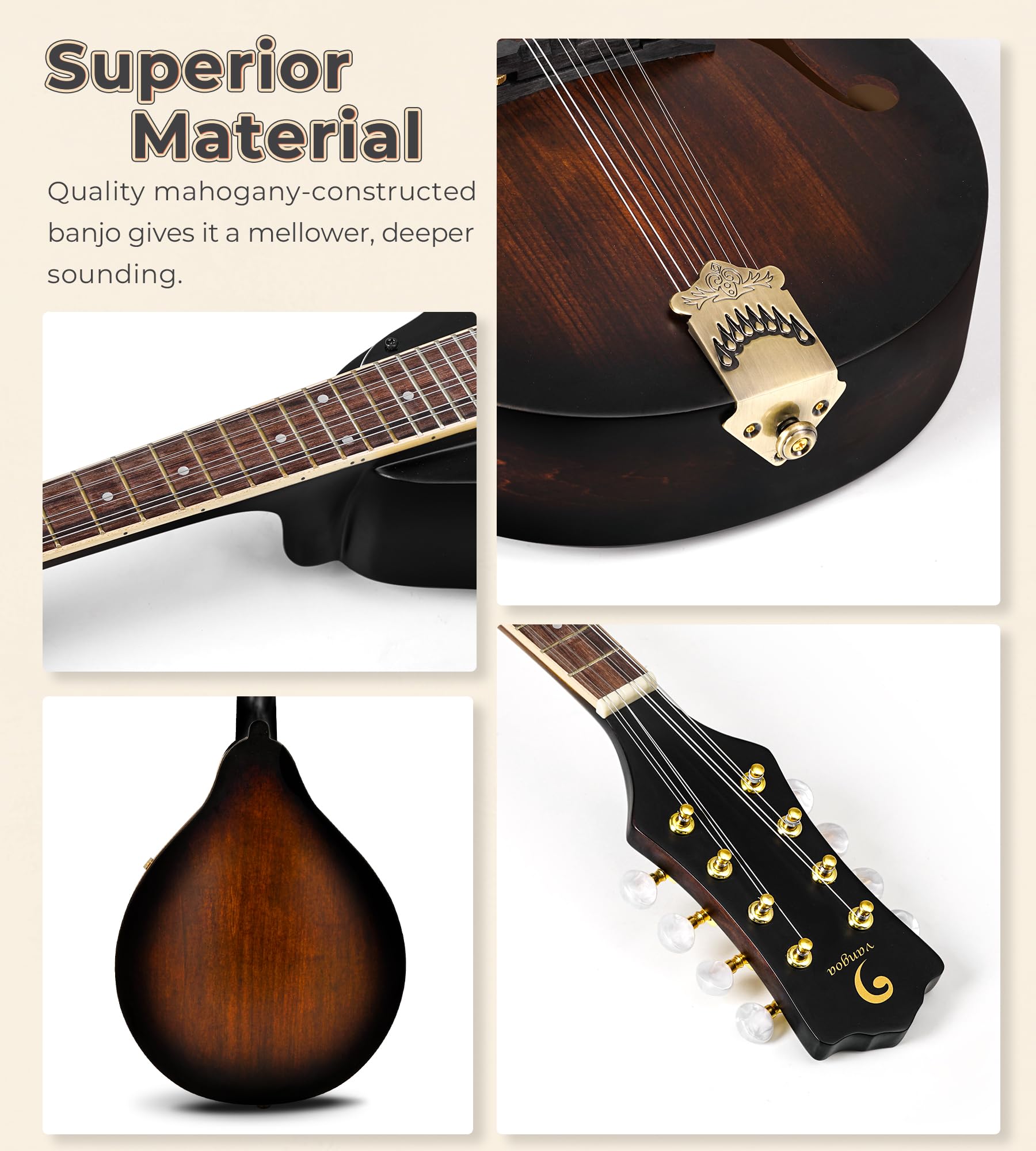 Vangoa Mandolin Instrument A Style, Acoustic Mandolin Musical Instrument Solid Spruce Top 8 String Mandolin For Beginners, Adult