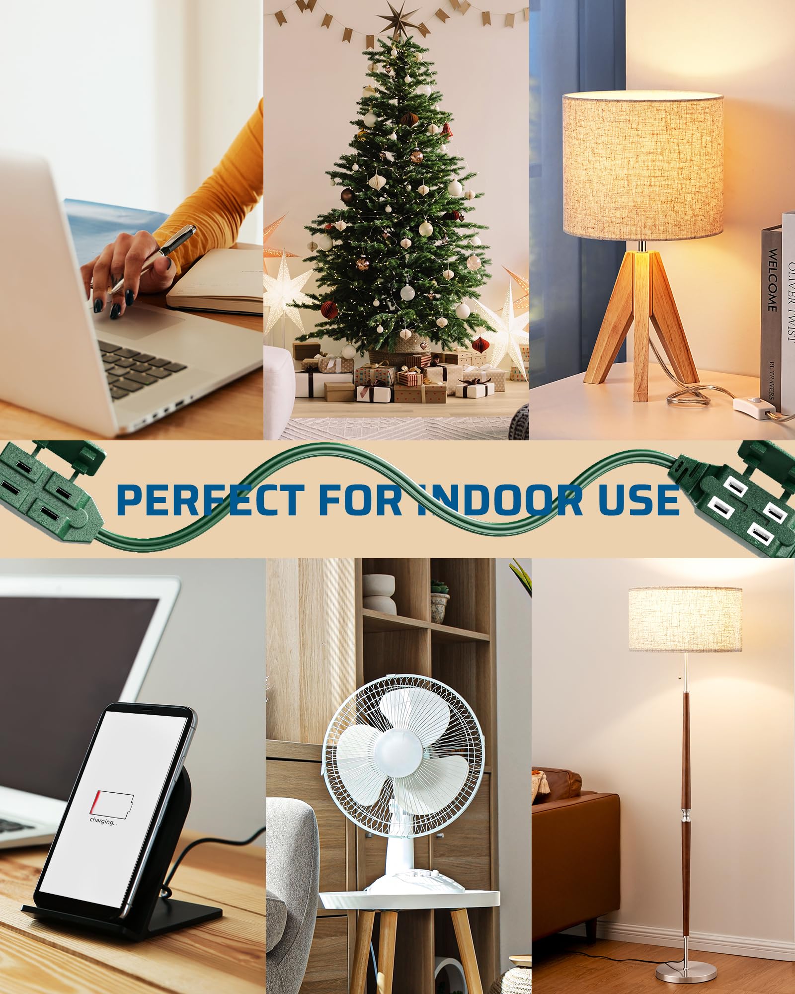 Dewenwils 2 Prong Extension Cord 6 Ft, 3Ft + 3Ft Indoor Extension Cord, 2 Groups 3 Polarized Outlets With Safety Cap Protect For