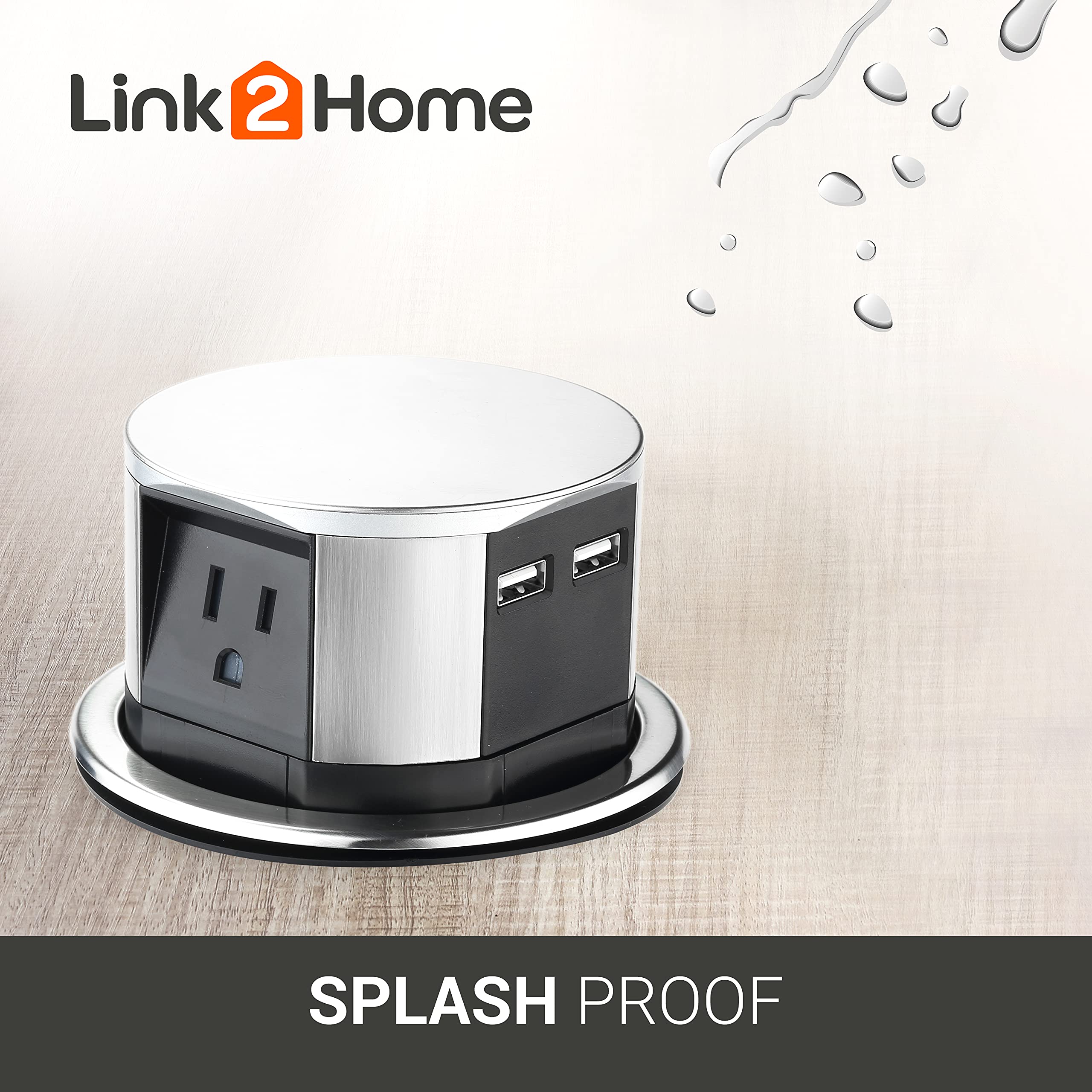 Link 2 Home Space Saver Pop Up Outlet With Usb, 3 Power Outlets 15A, 2 Usb Ports 2.4A Fast Charge, Splash Resistant, Stainless S