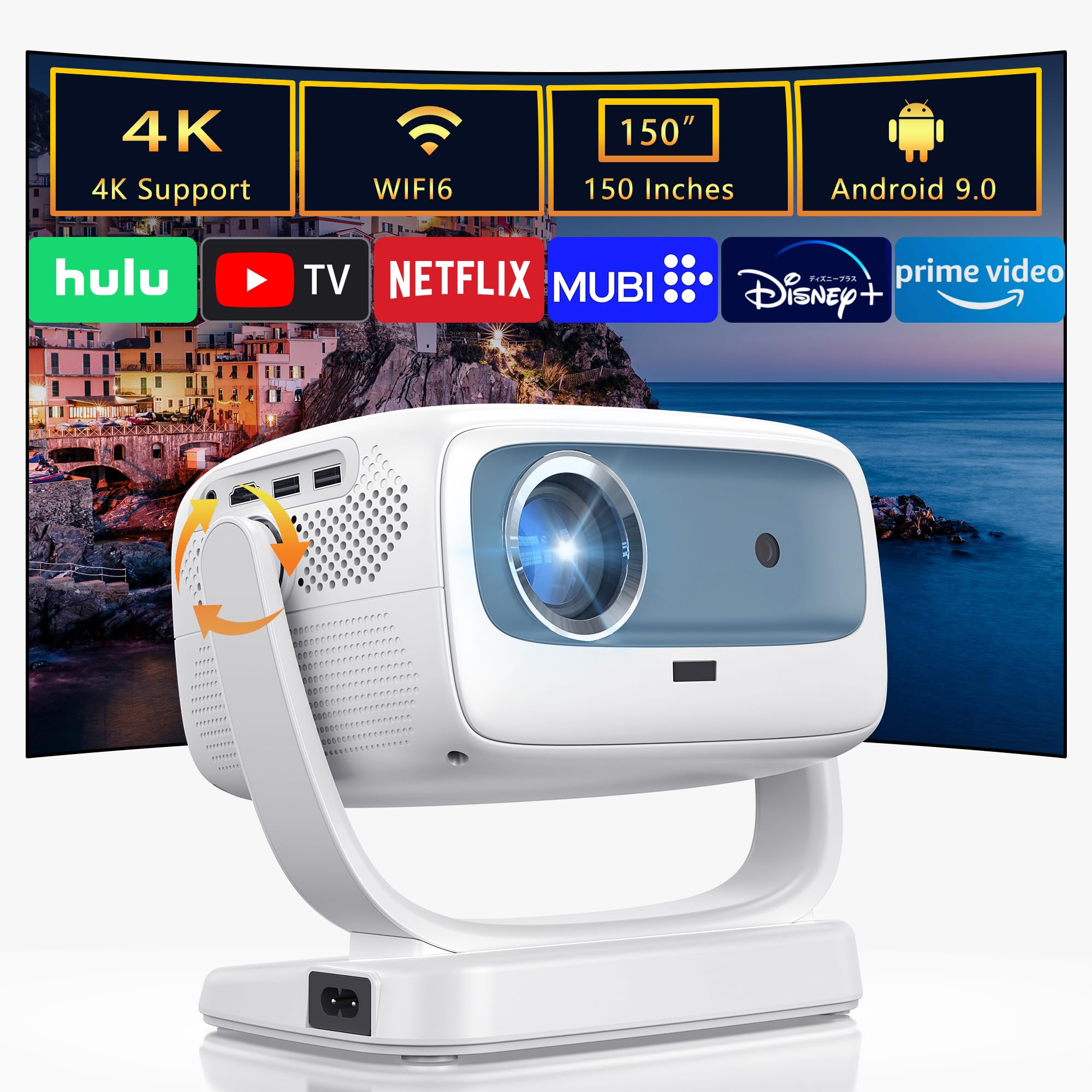 [Auto Focus 4K Support] Dancieya Smart Projector Wifi Bluetooth With Built In App, Native 1080P Support 4K With Android System,