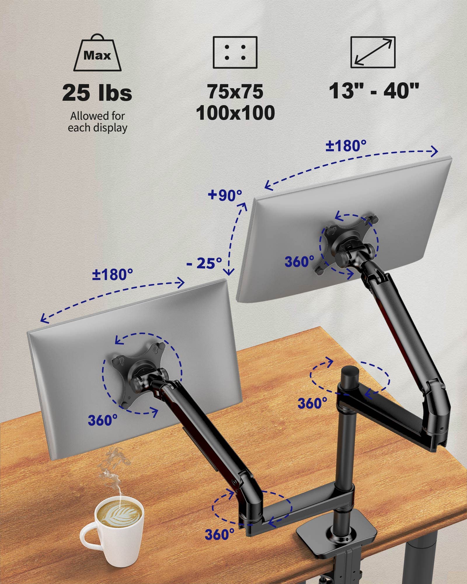 Ergounion Dual Monitor Stand For Desk, Vertical Dual Monitor Mount With Wide Range Of Motion, Dual Monitor Arm For 17 40'' Scree