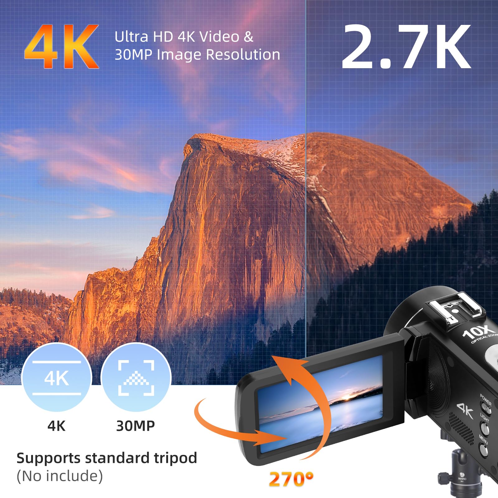 Video Camera 4K Camcorder With 10X Optical Zoom & 120X Intelligent Zoom, 4K 30Mp Wifi Youtube Video Streaming Camera 3.0' Ips Touch Screen Digital Camera With Microphone, Wide Angle Lens, 32G Card
