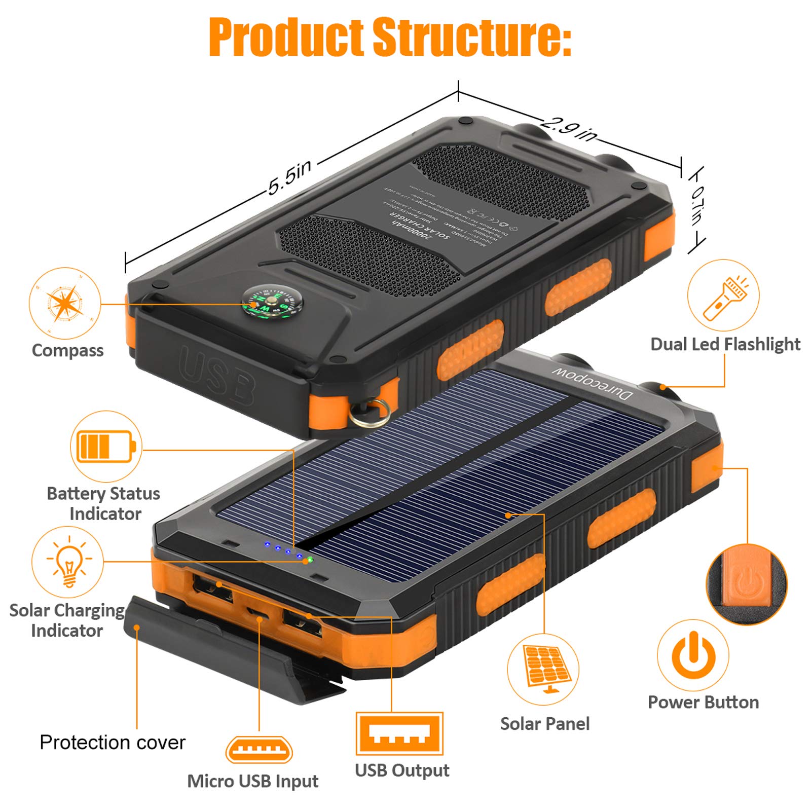 Durecopow Solar Charger, 20000Mah Portable Outdoor Waterproof Solar Power Bank, Camping External Backup Battery Pack Dual 5V Usb