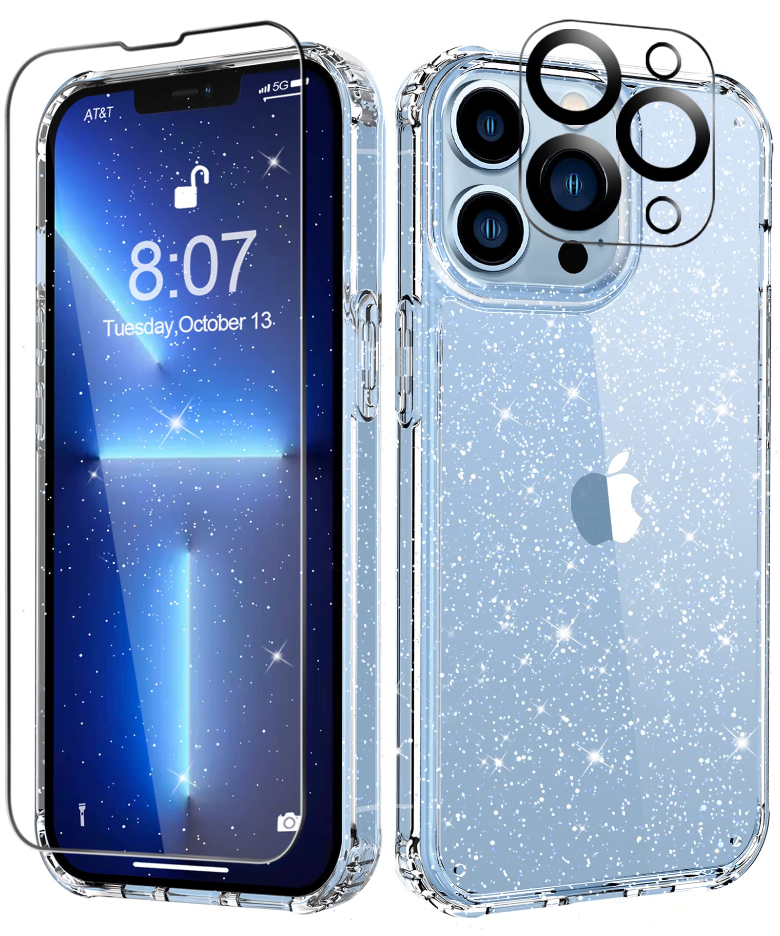 MIODIK Compatible with iPhone 13 Pro Max Case, with Screen Protector + Camera Lens Protector, [Non-Yellowing] Clear Glitter Wome