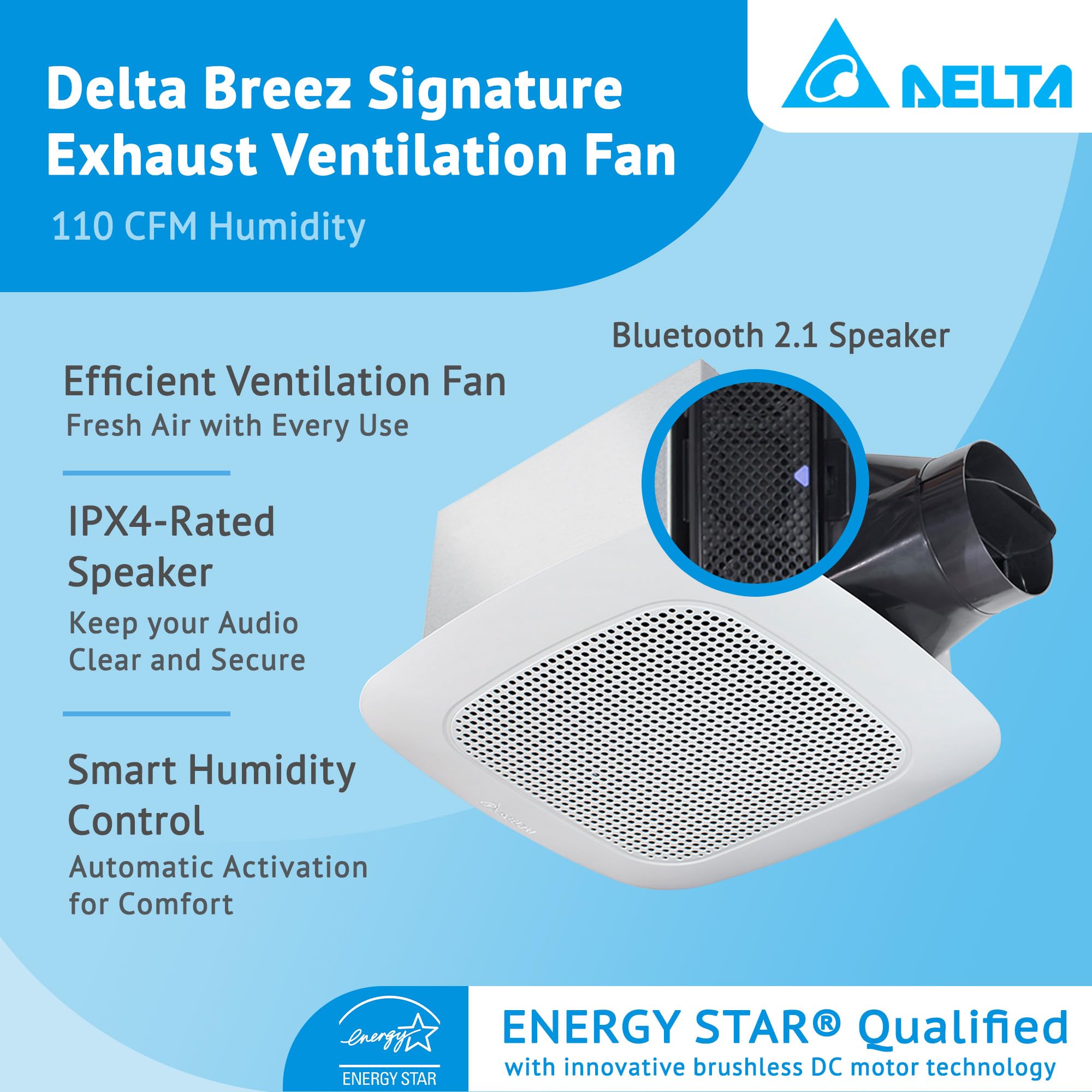 Delta Breez Signature Ceiling Exhaust Bathroom Fan 110 Cfm Energy Efficient Quiet Operation Brushless Motor With Bluetooth Stere