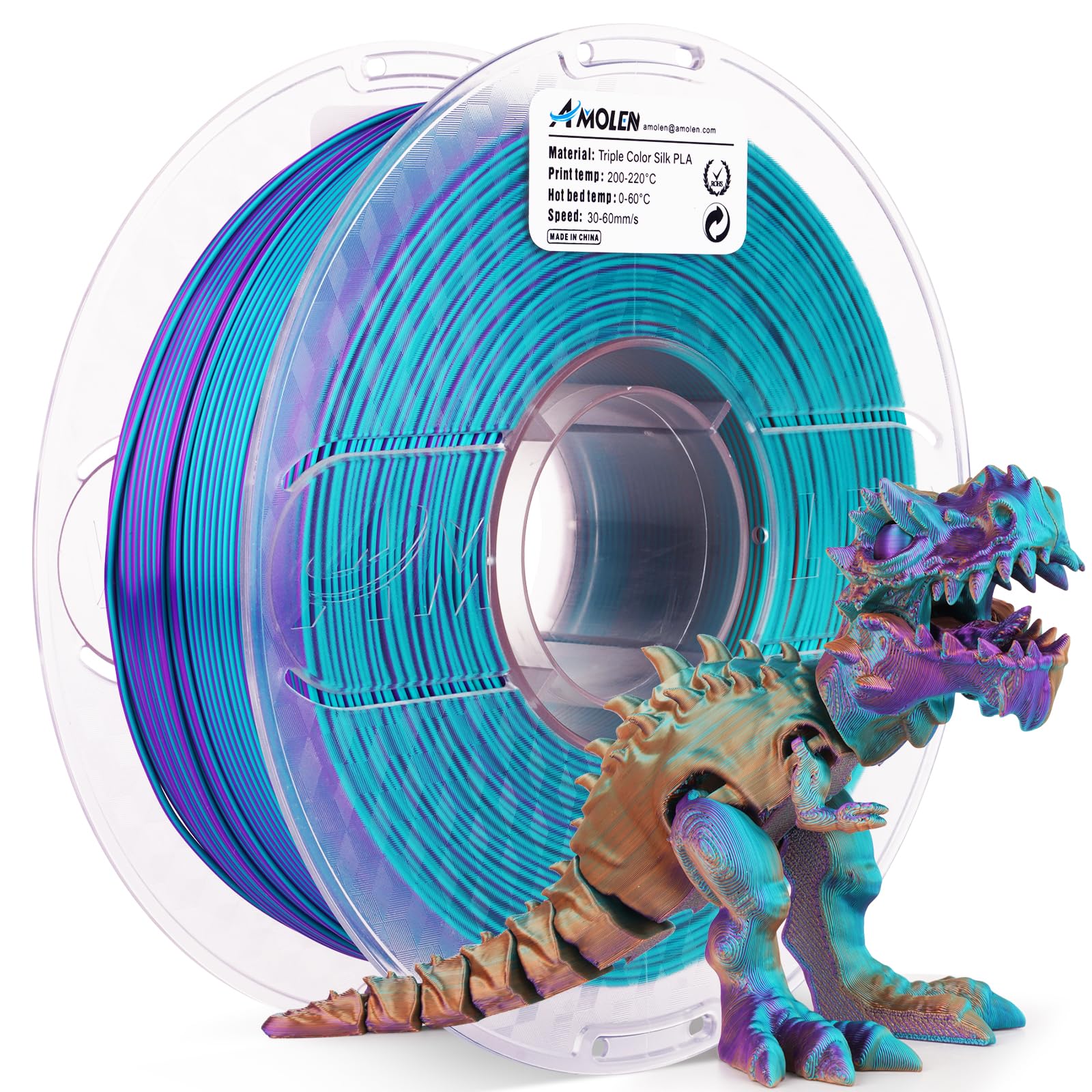 Amolen 3D Printer Filament, Triple Colors Coextrusion Silk Pla Filament 1.75Mm, Rainbow Pla Filament With Silk Pla Purple/Blue G