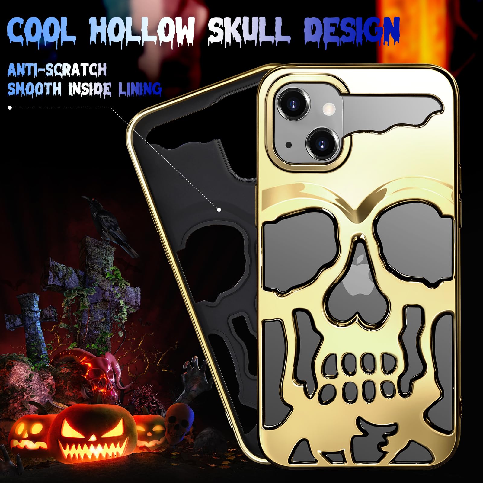 Lotadilo For Iphone 14 Plus Phone Case For Men Women, Cool Skull Skeleton Funny Gothic Hollow Halloween Phone Case For Iphone 14