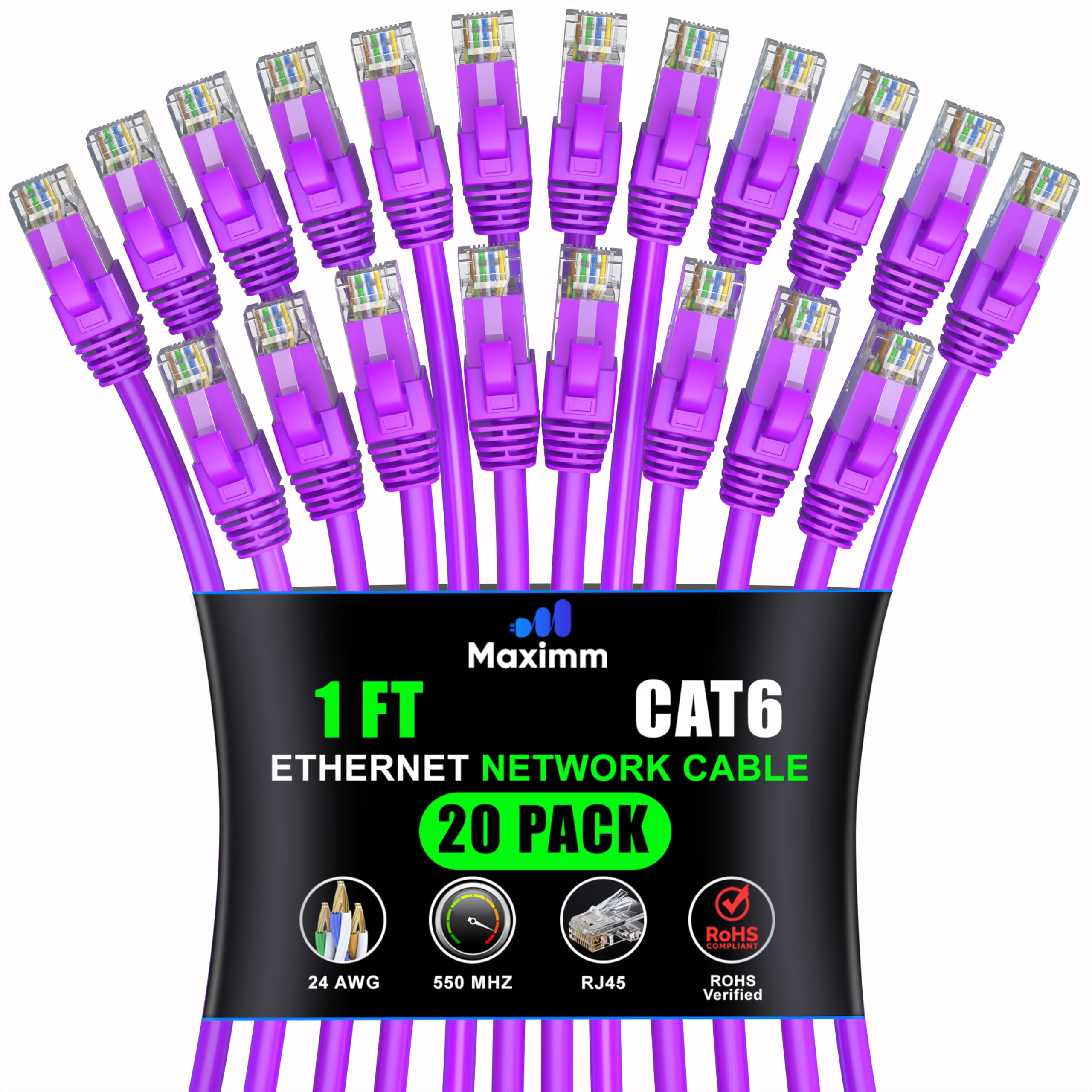 Maximm Cat 6 Ethernet Cable 1 Ft (20 Pack)   High Speed Lan Cable, Internet Cable, Patch Cable, And Network Cable   Utp, 10Gbps, 550Mhz Ethernet Cord   Purple