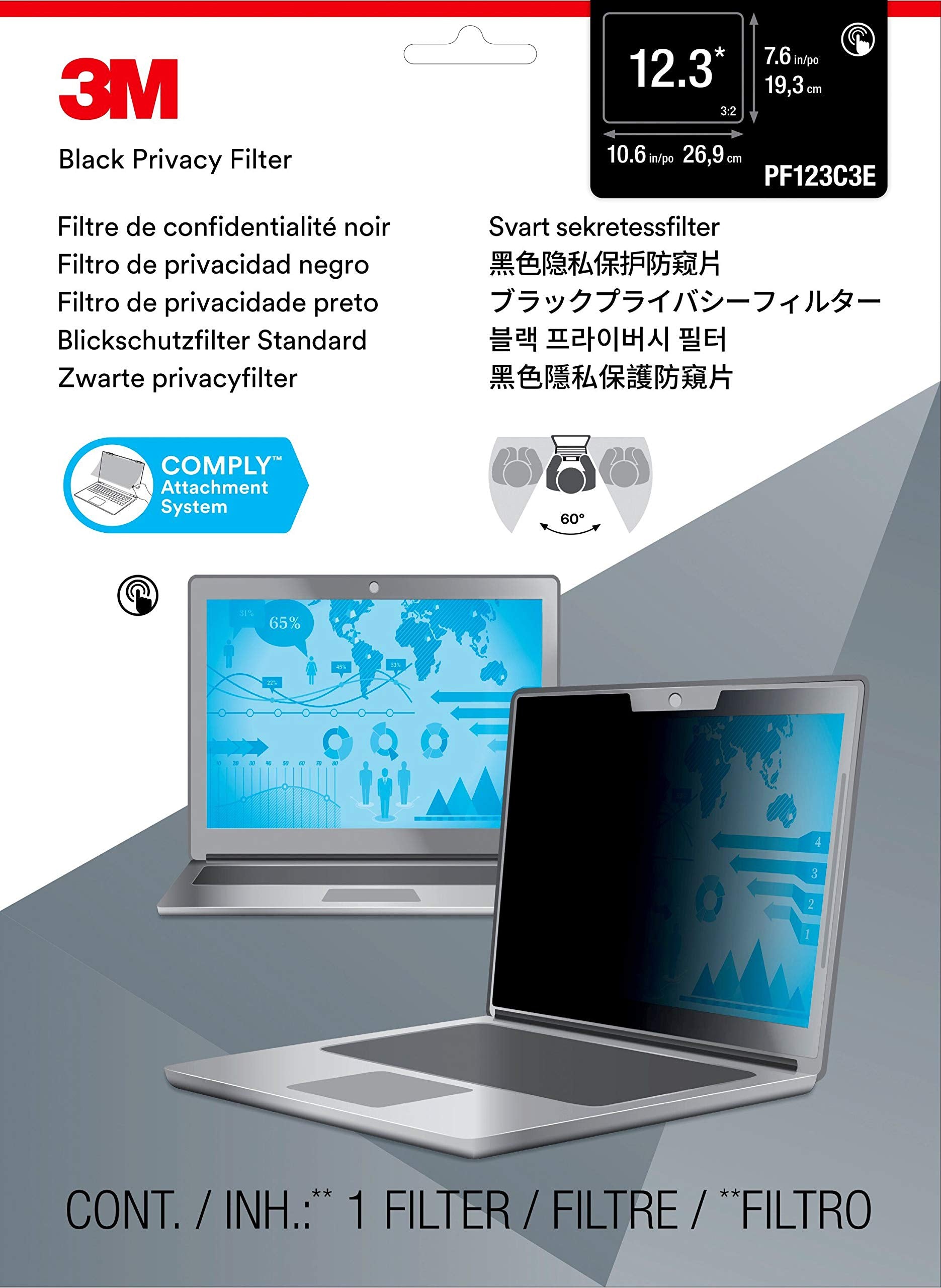 3M Touch Privacy Filter For 12.3 Full Screen Laptop With Comply Attachment System (Pf123C3E), Black