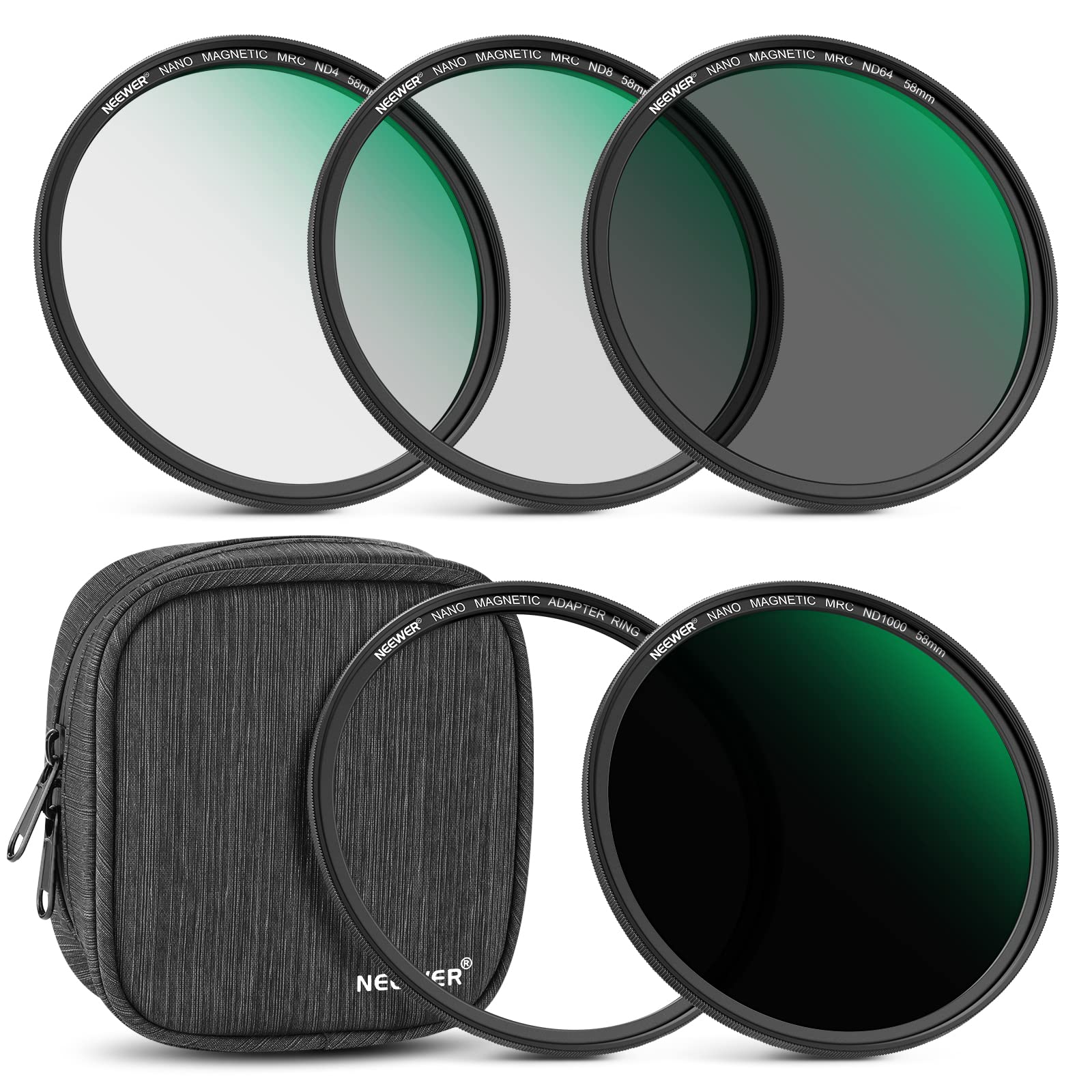 Neewer 58Mm Magnetic Nd Lens Filter Kit, Nd4 Nd8 Nd64 Nd1000 Filters With Magnetic Adapter Ring & Filter Pouch, Hd Optical Glass