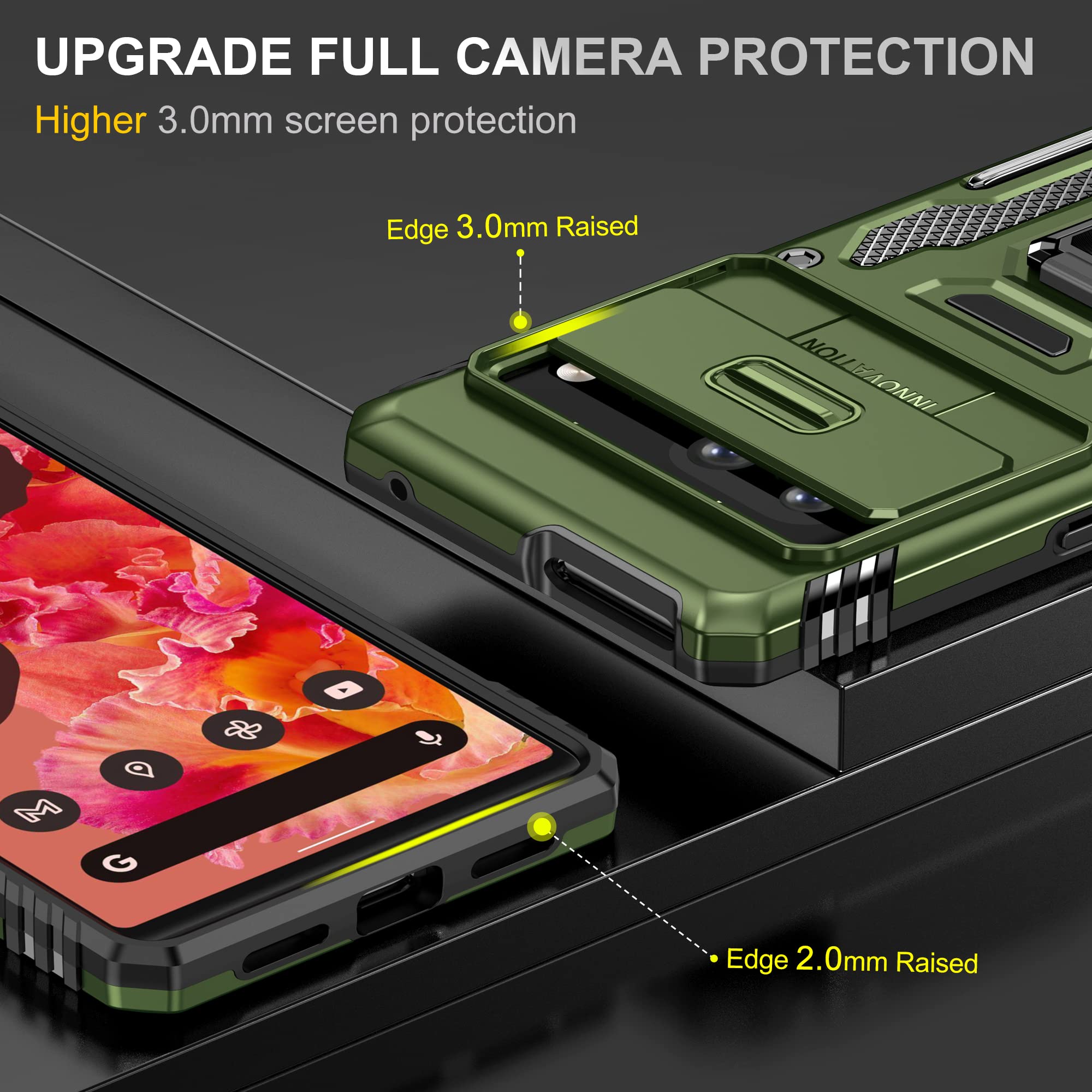 ZMPHG Pixel 7 5G Shockproof Case with Ring Kickstand Camera Cover TPU PC Olive Green