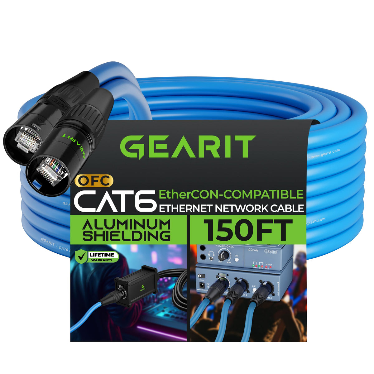 Gearit Cat6 Ethernet Cable, Ethercon Compatible (150 Feet) Rj45 Connectors For Pro Audio, Aluminum Shielded, Oxygen Free Copper