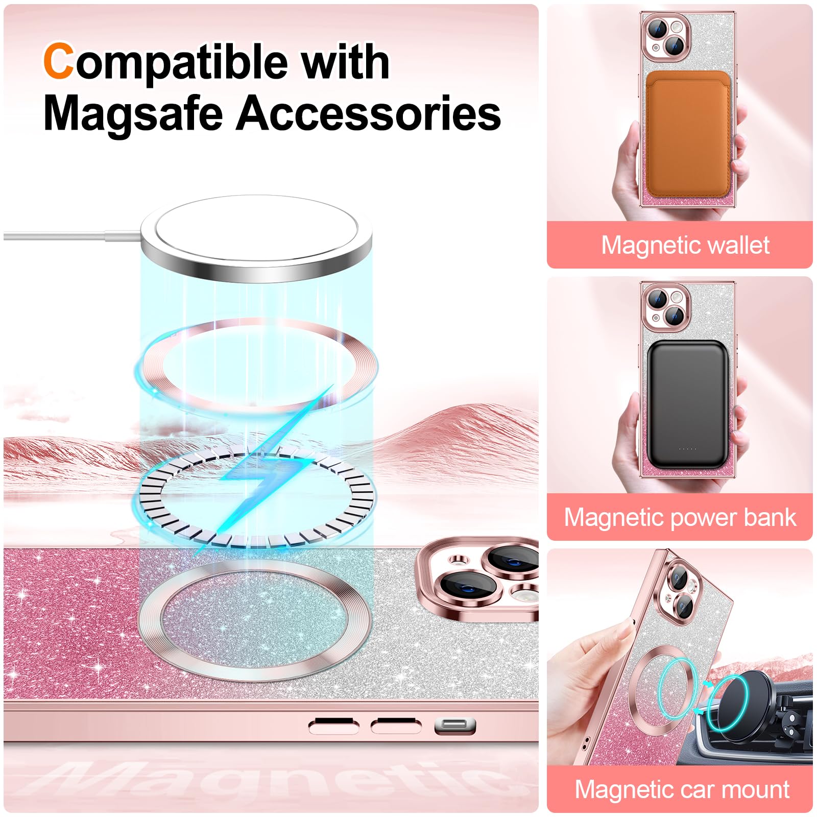 Hython For Iphone 13 Case Clear Magnetic Glitter Phone Cases [Compatible With Magsafe] Full Camera Lens Protector Gradient Spark