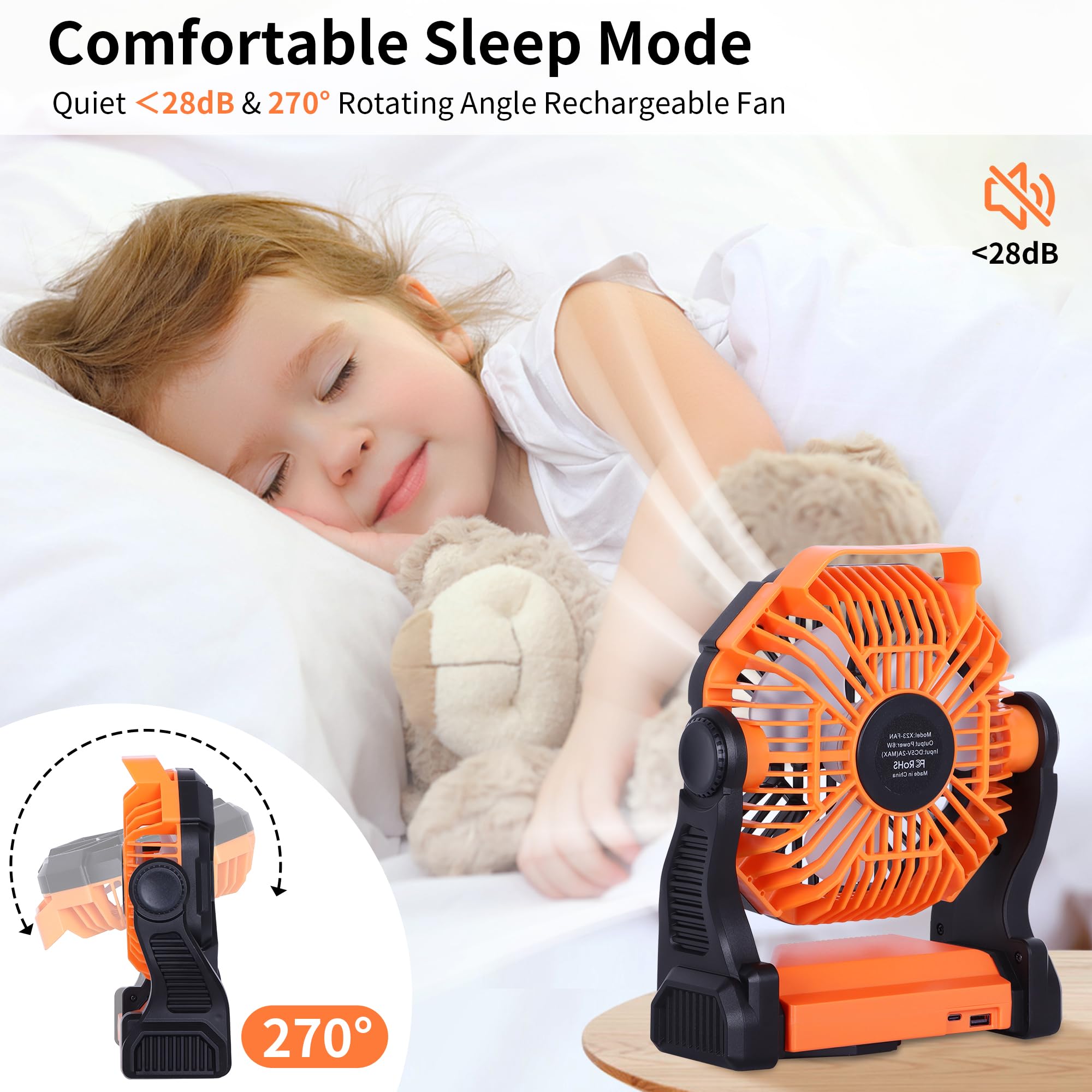 Tdlol Battery Powered Fan,270 Rotating Portable Fan Camping Fan Rechargeable Battery Operated Fan, Usb Desk Personal Fan Tent Fa