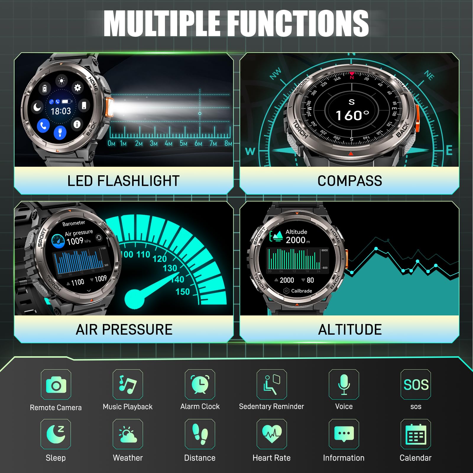 Military Smart Watch For Men With Call/Led Flashlight/3Atm Waterproof 1.45'' Hd Rugged Tactical Smartwatch With Compass Elevatio