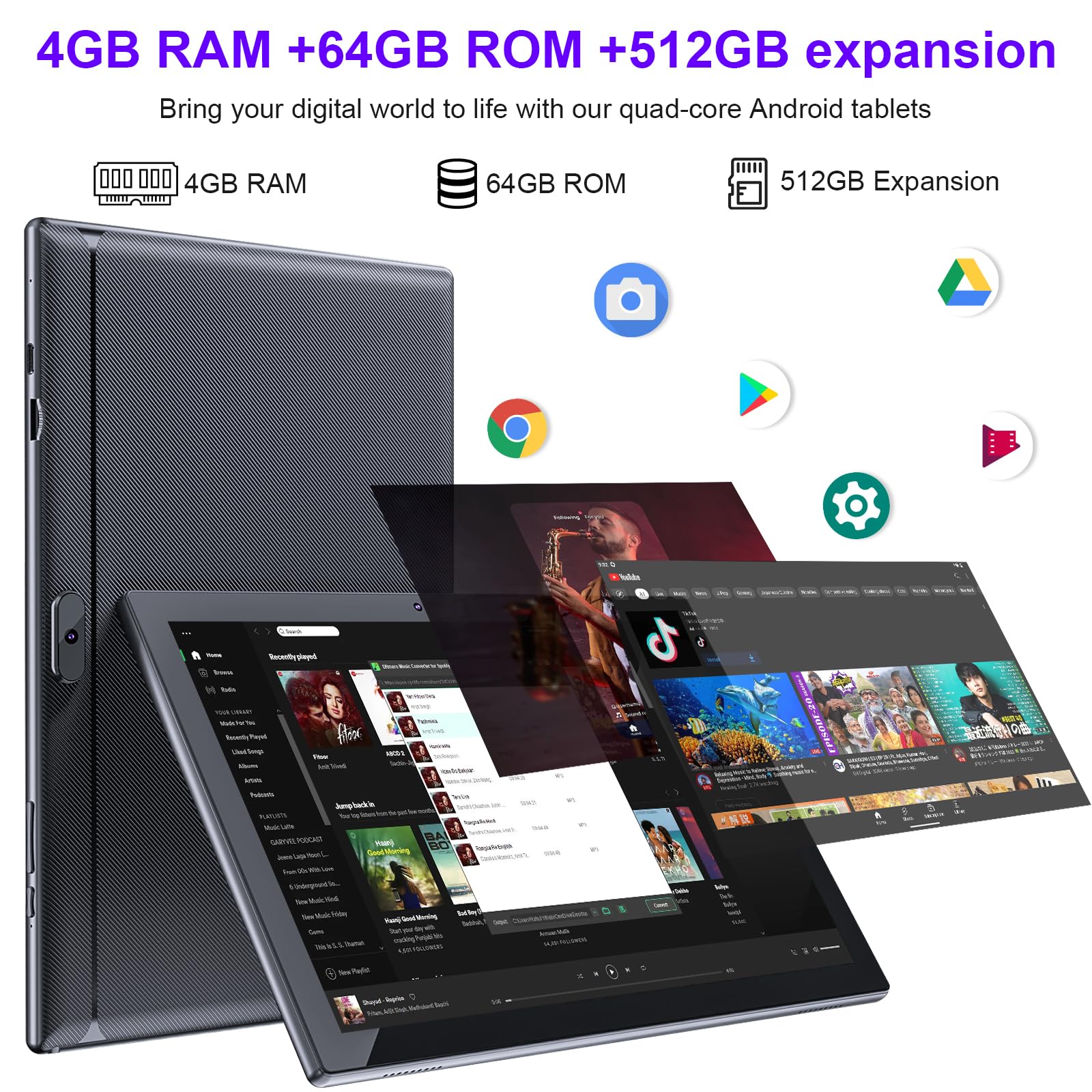 Yqsavior 10 Inch Tablet Android 12, 2 In 1 Tablet With Keyboard, 4Gb+64Gb Tablet Pc, Quad Core, 1280 * 800 Hd Screen, Dual Camer