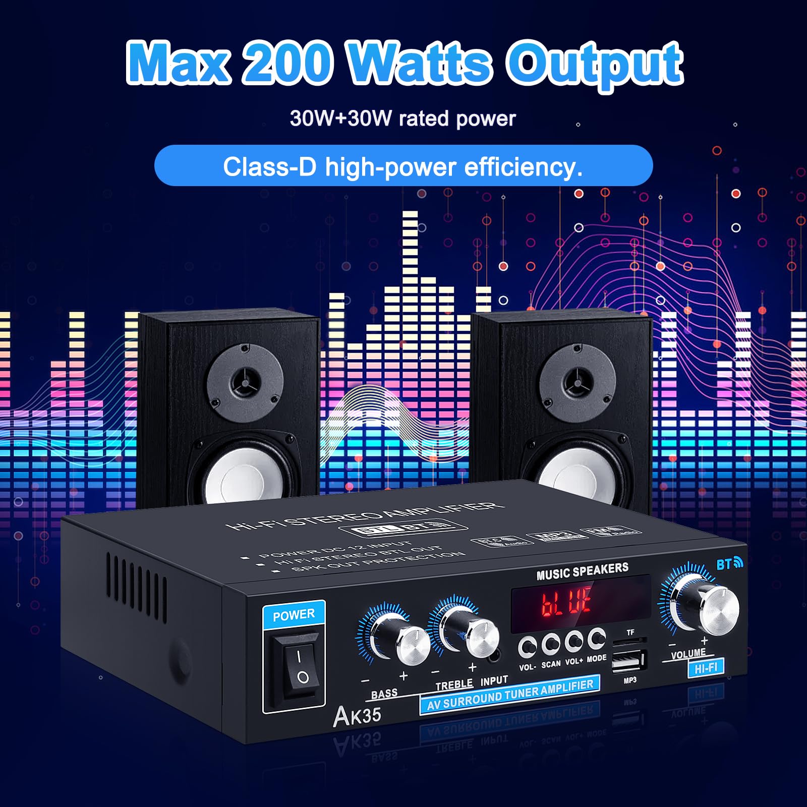 Home Audio Amplifier Ak 35 Hifi Bluetooth 5.0 Mini Stereo Power Amp Receivers 2.0 Channel Rms 30W X 2 Max. 200W Output With Usb,