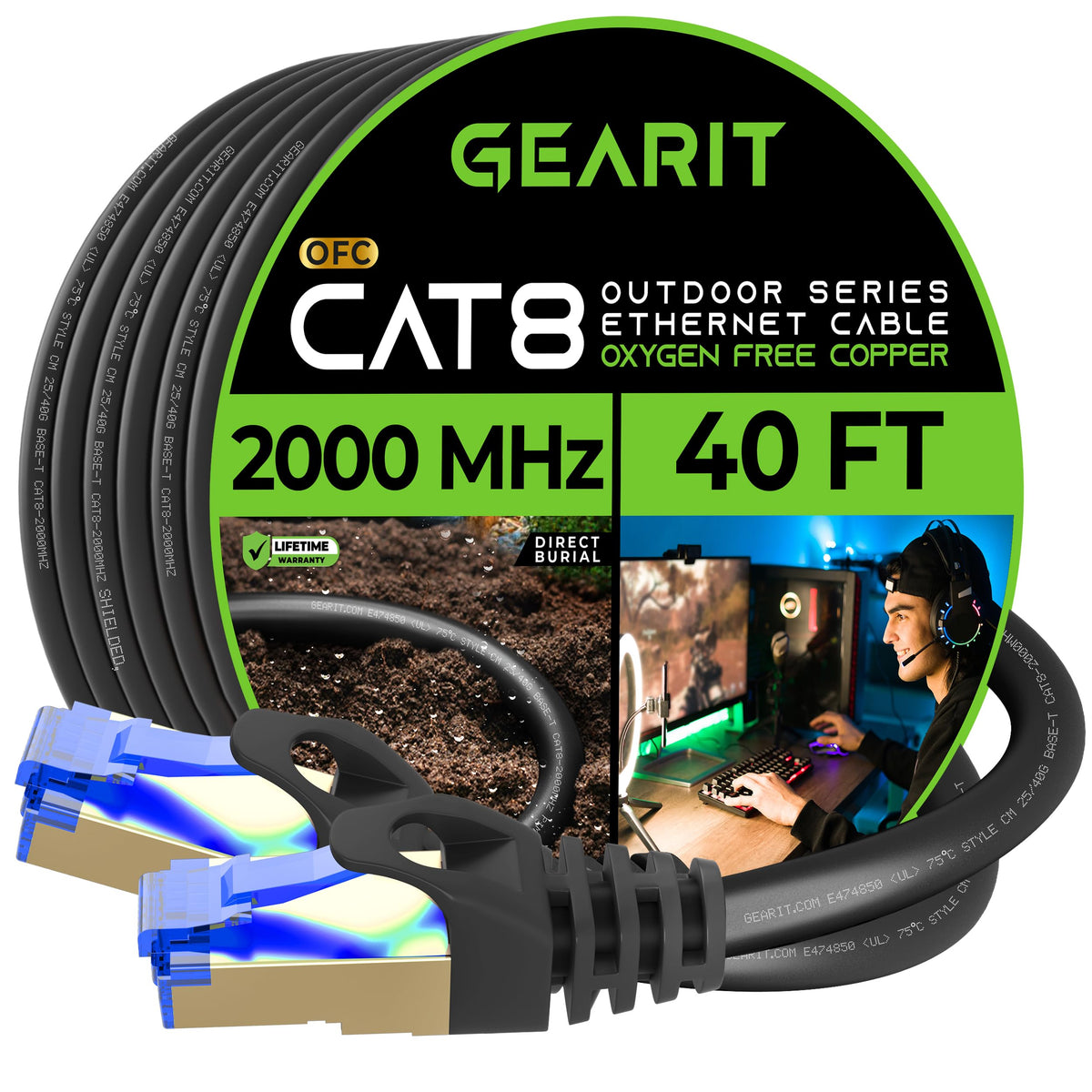 Gearit Cat8 Outdoor Ethernet Cable (40 Feet) Waterproof, Direct Burial, In Ground, Lldpe Uv Jacket, Pure Copper, 26Awg, 40Gbps 2