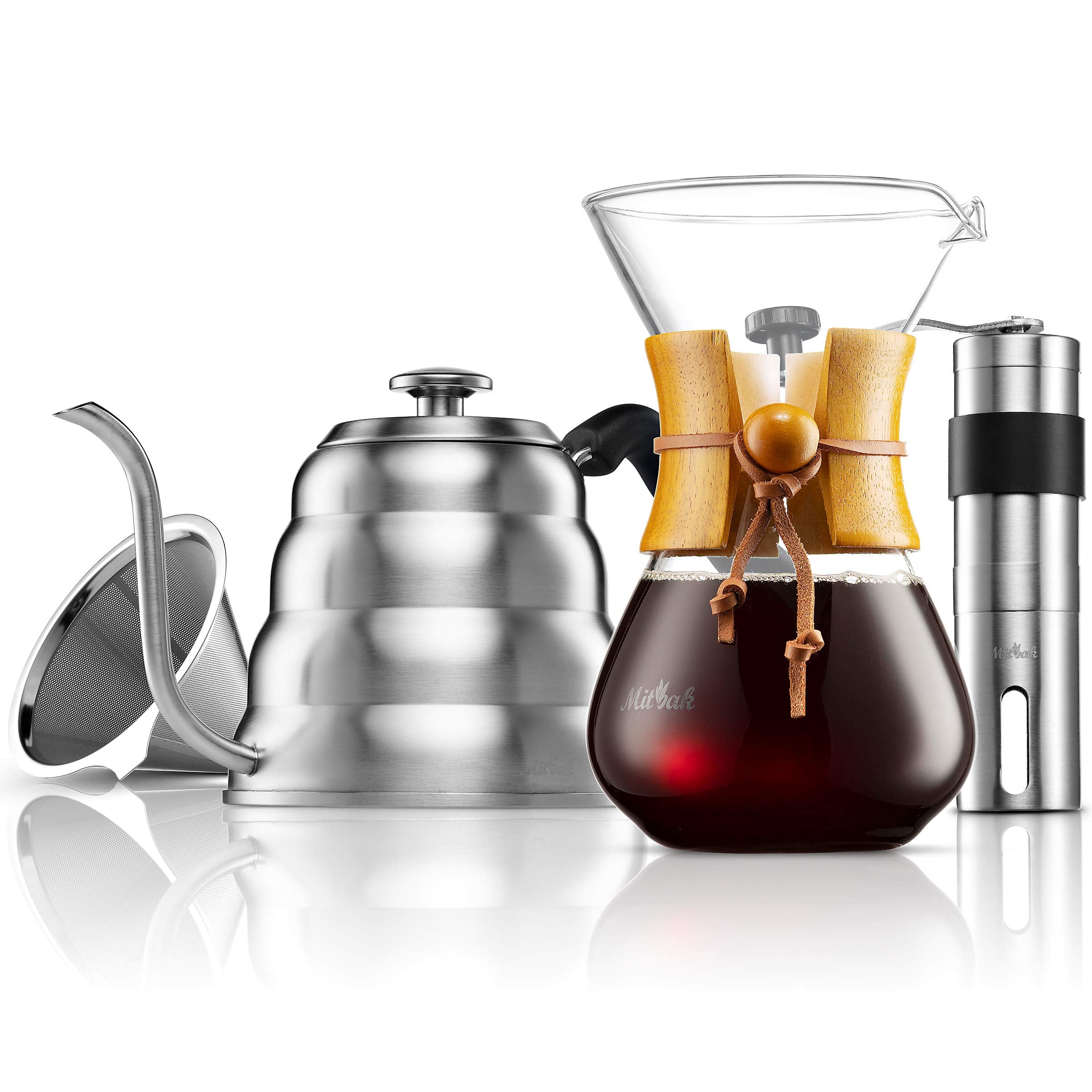 Mitbak Pour Over Coffee Maker Set | Kit Includes 40 Oz Gooseneck Kettle With Thermometer, Coffee Mill Grinder & 20 Oz Coffee Dri