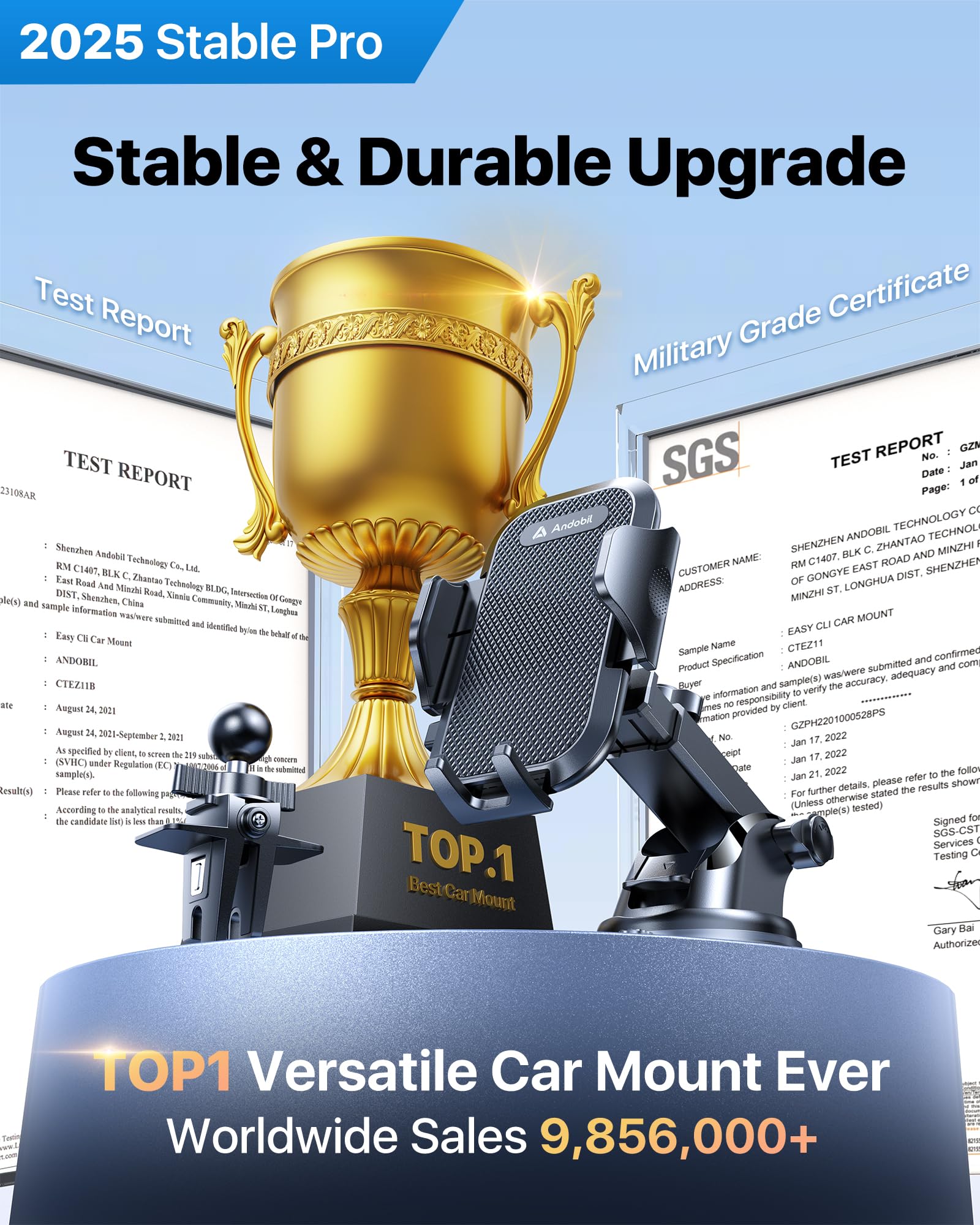 Andobil [2025 Military-Grade Durability] Car Phone Holder [Upgraded Strongest Suction & Clip] Cell Phone Car Mount Dashboard Win