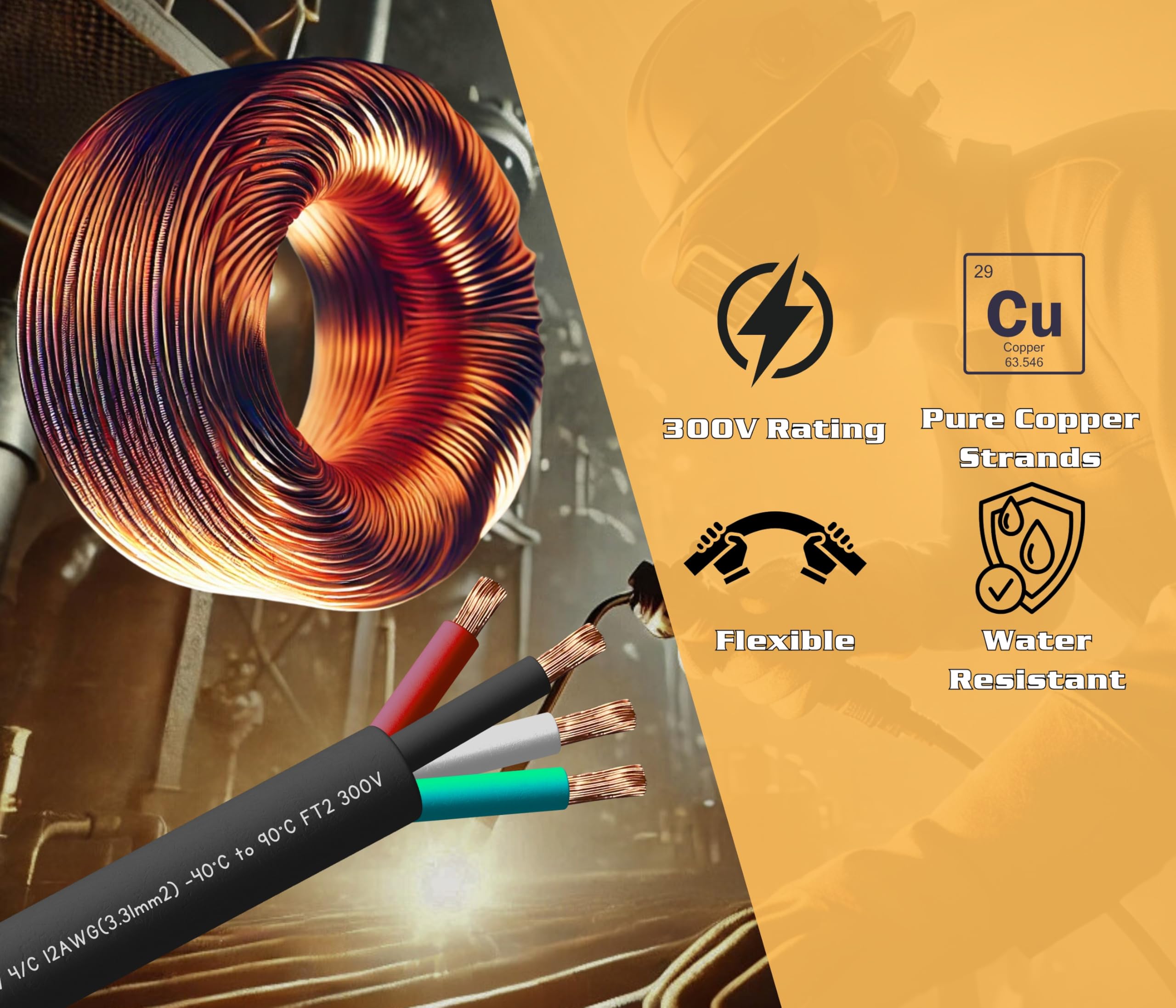 10 Feet 12/4 Sjoow Cable Cord 12 Awg 4 Conductor So Wire   12 Gauge 4 Conductor (12/4 Wire) 300V Portable Power Extension Cable