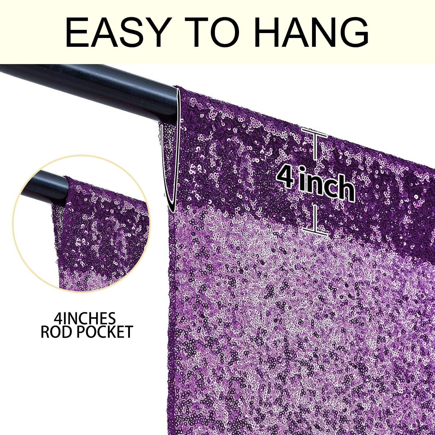 2  8Ft 2Pcs Purple Sequin Backdrop Curtains Panels, Photography Backdrop Glitter Curtains Fabric Background For Christmas Weddin