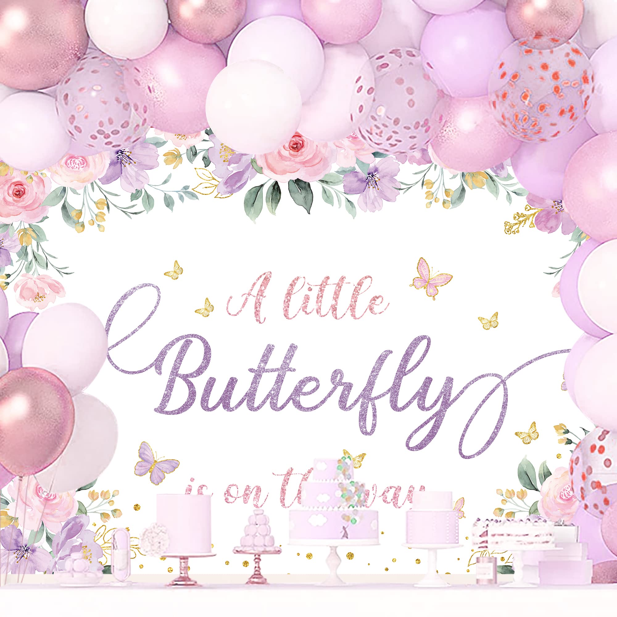 Svbright Butterfly Baby Shower Decorations Backdrop For Girl 7Wx5H A Little Butterfly Is On The Way Pink Purple Flowers Girls Pr