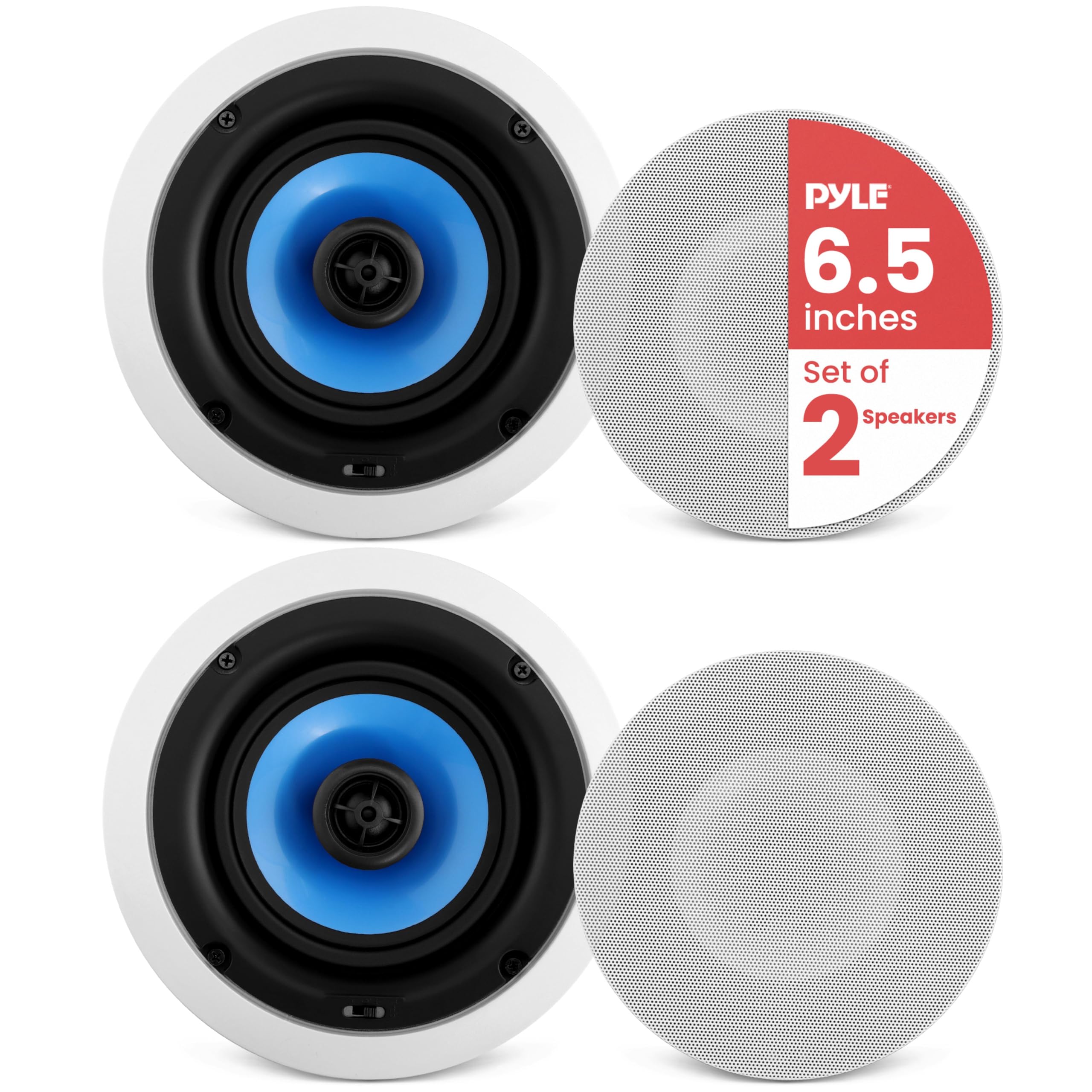 Pyle 6.5 Home In-Wall / In-Ceiling Speakers, 250W Peak Power, Dual Hi-Fi Stereo Sound, Pivoting Silk Dome Tweeter, Poly Cone M