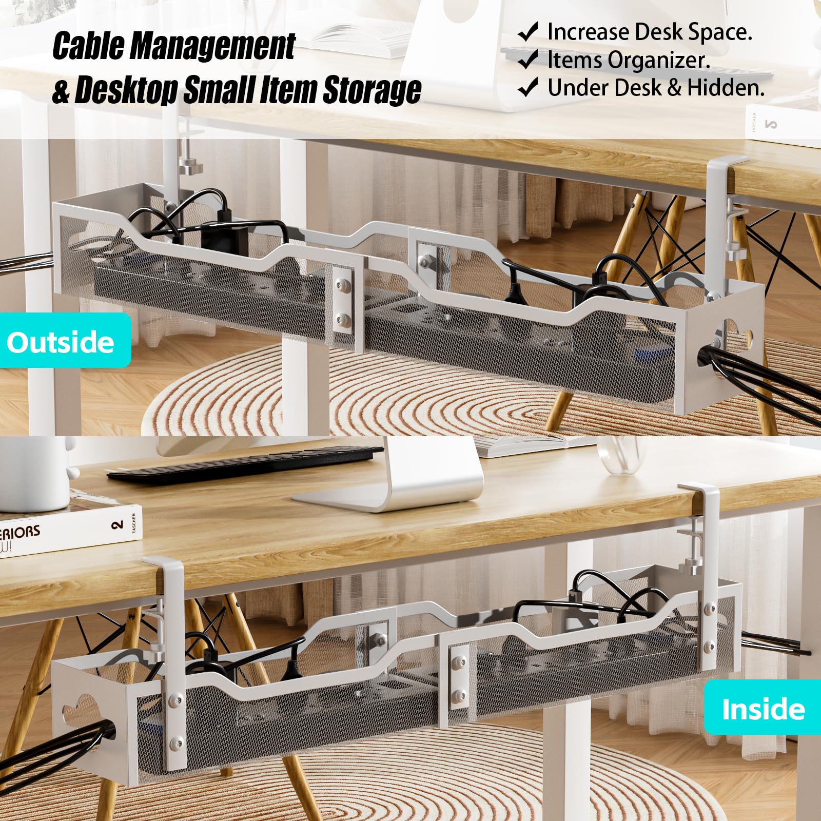 Cable Management Under Desk 24.8''  No Damage To Desk, Standing Desk Cable Organizer, Quszmd Under Desk Cord Organizer, Under De