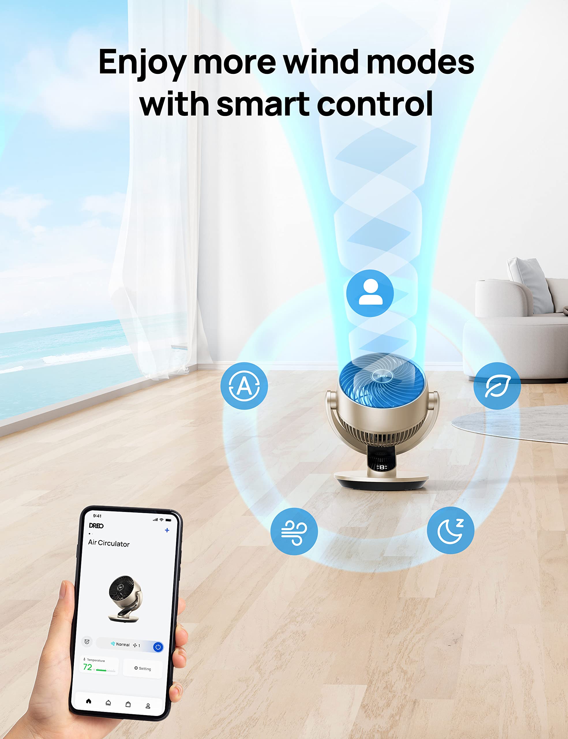 Dreo Smart Desk Fan For Bedroom, 13'' H Whole Room Air Circulator Fan, 120 Vertical Manual +90 Oscillating Fan With Voice/Google