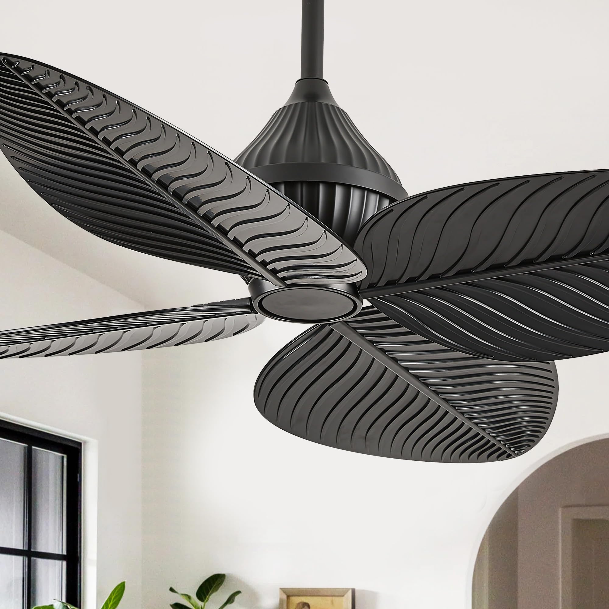 LVYEAYOU 52 Black Tropical Ceiling Fans, Flush Mount Palm Leaf Ceiling Fan no Light, Indoor Ceiling Fans Without Light for Livin
