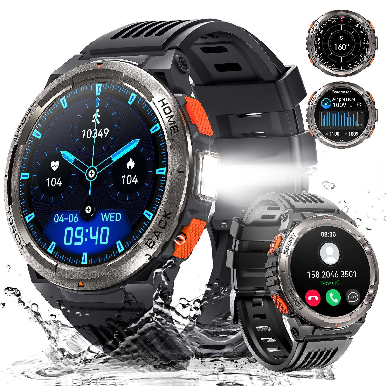 Leuceira Military Smart Watches for Men with LED Flashlight, Tactical Rugged Smart Watch with 1.45 HD, 3ATM Waterproof & Compass
