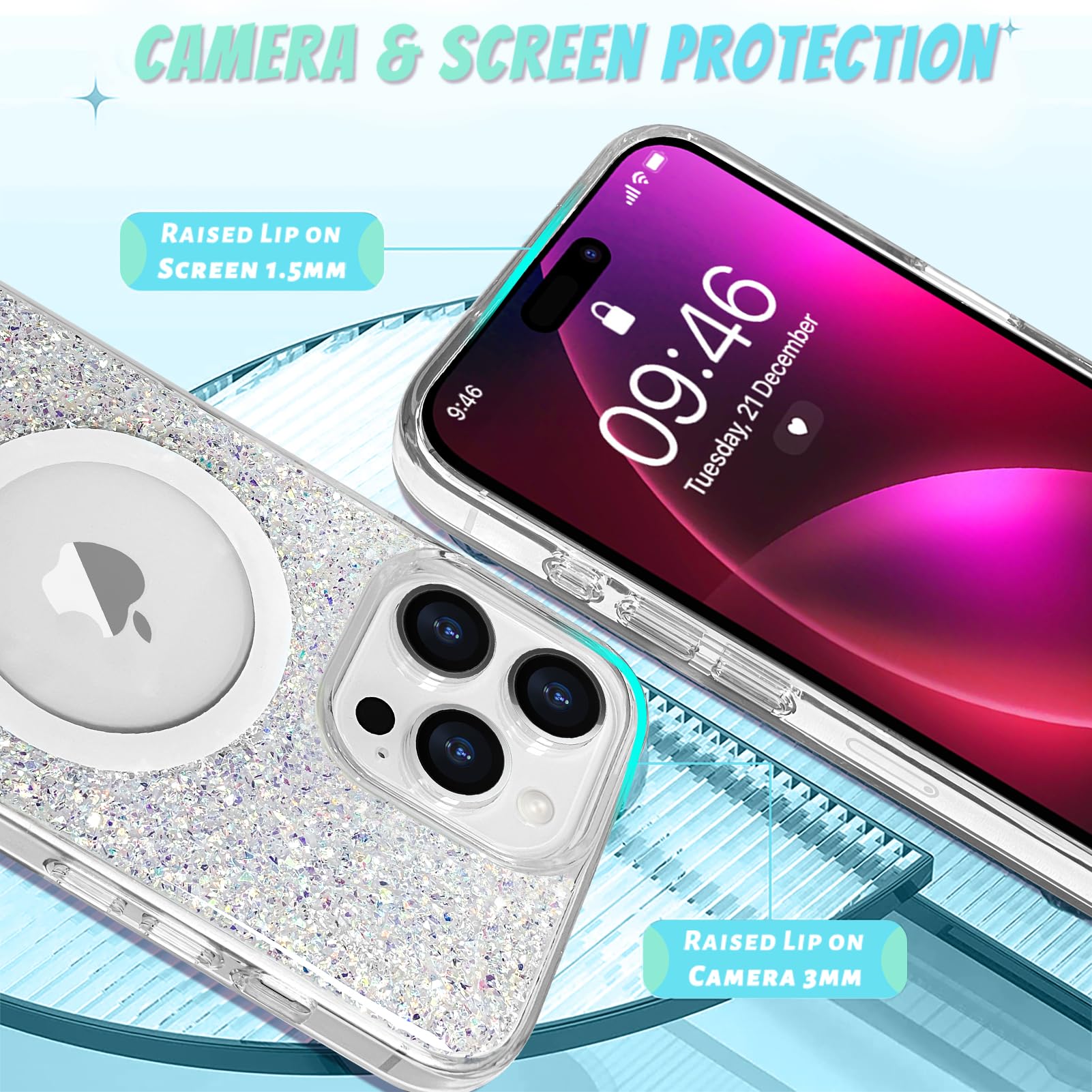 Bonoma For Iphone 16 Pro Max Case, Sparkly Glitter Bling Back, Magnetic Support For Magsafe Shockproof Case, Crystal And Clear H
