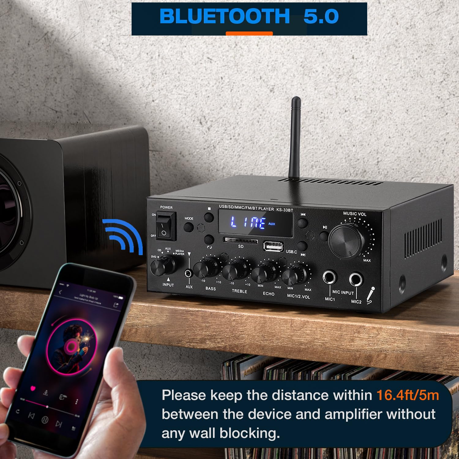 Facmogu Ks 33Bt 2.1Ch Stereo Audio Amplifier With Active Subwoofer Output, Rms 60Wx2 Max 400Wx2 Mini Bt Amp Home Theater Stereo, Bluetooth 5.0 Hifi Receiver W/Mic/Echo/Usb/Sd/Aux/Fm