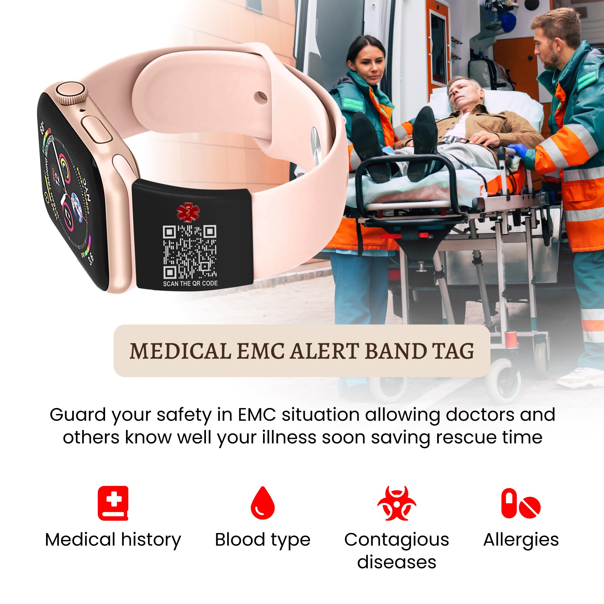 Qr Code Alert Id Tag For Watch Band, Custom Smart Scannable Apple Watch Safety Plate, Personalized Sos Fitness Runners Id Tag Fo