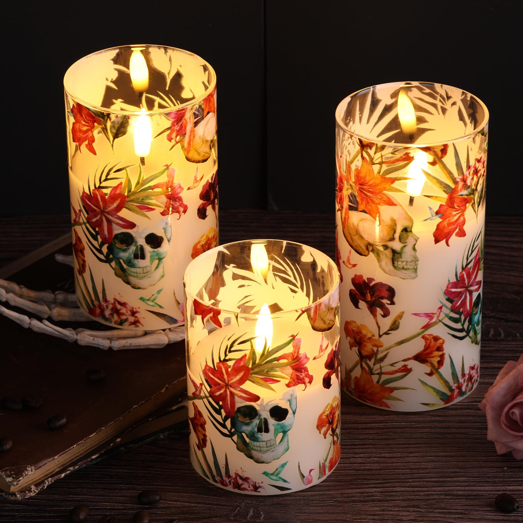 Eywamage Yellow Floral Flameless Candles In Glass Jars, Flickering Battery Led Pillar Candles With Remote Set Of 3