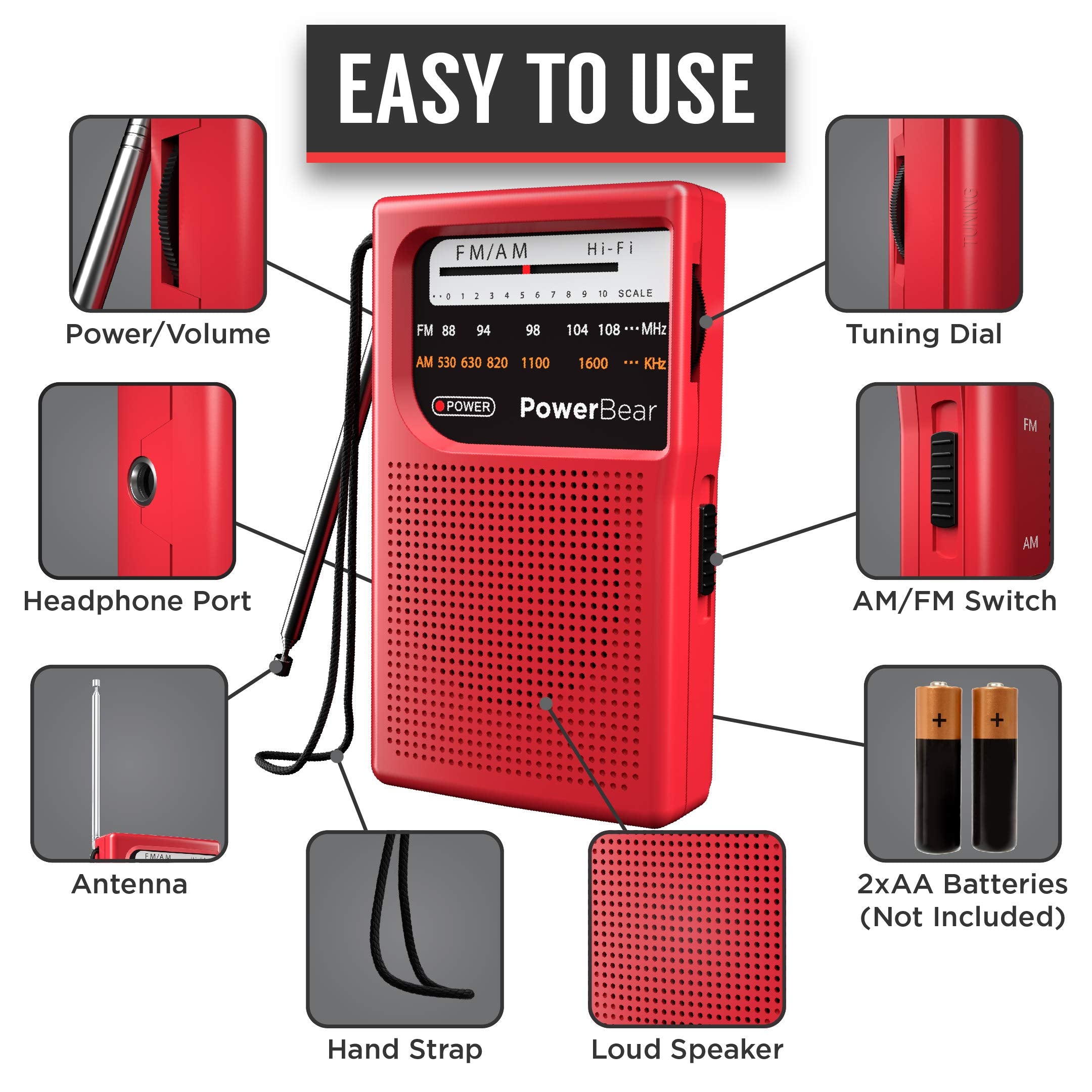 Powerbear Portable Radio | Am/Fm, 2Aa Battery Operated With Long Range Reception For Indoor, Outdoor & Emergency Use | Radio Wit