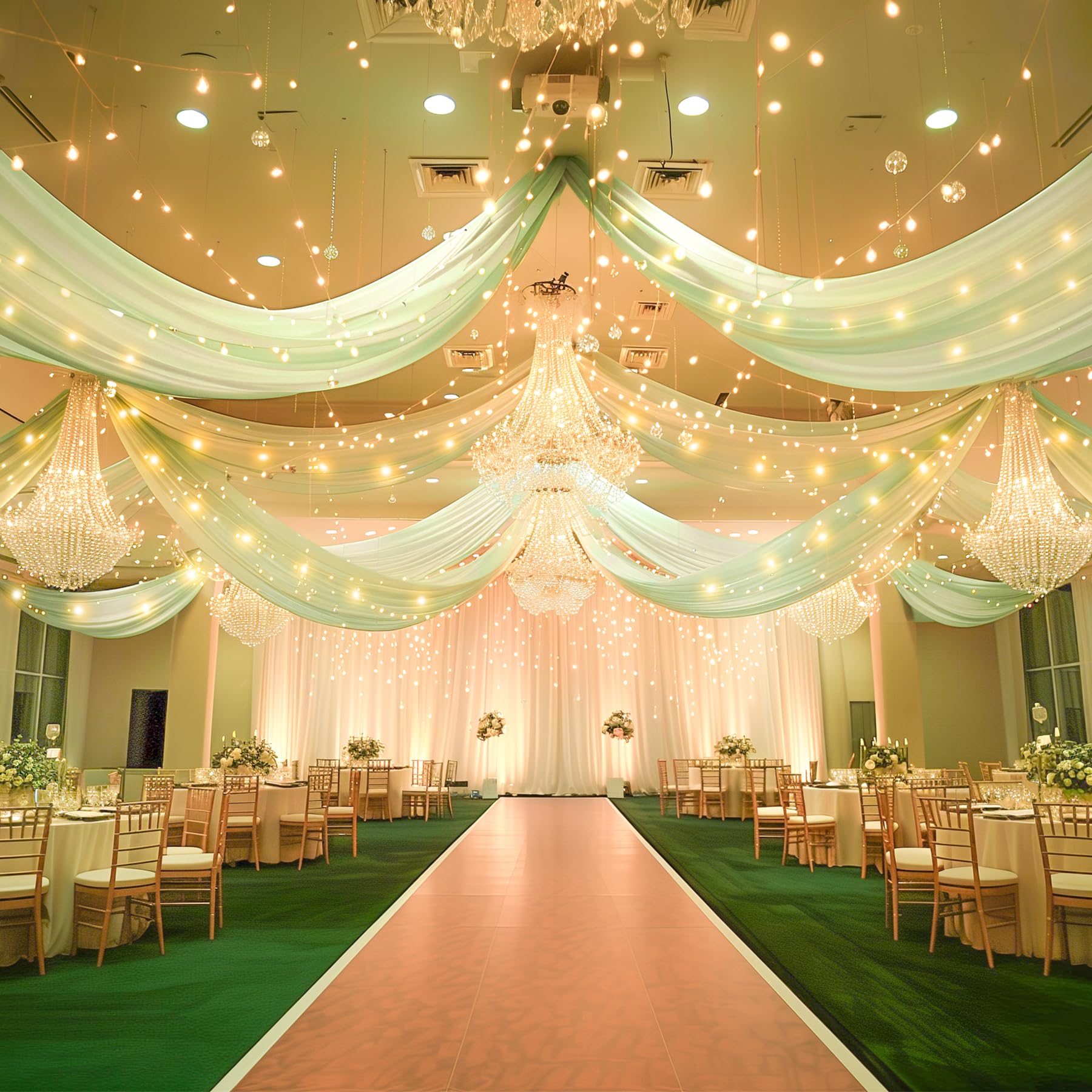 Wish Care Sage Green Ceiling Drapes With Lights String For Weddings, 6 Panels 5Ftx10Ft Sheer Tulle Curtain Drapes For Wedding Ce