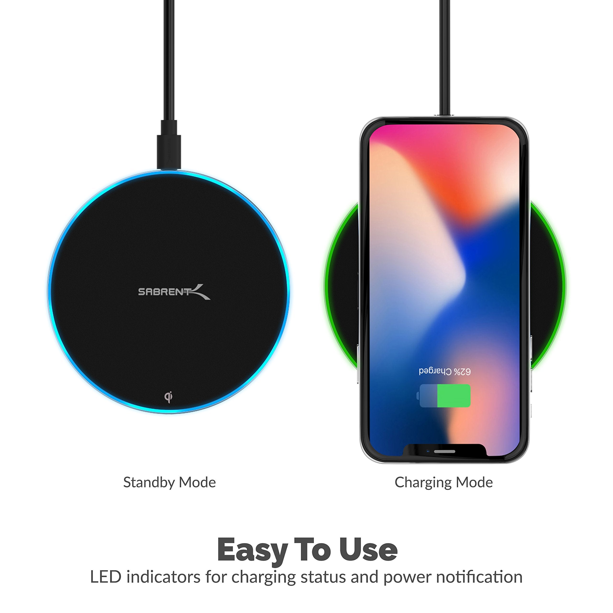Sabrent 10W Qi Wireless Fast Charger Charging Pad, Universally Compatible With All Qi Enabled Phones [Ac Adapter Not Included] B