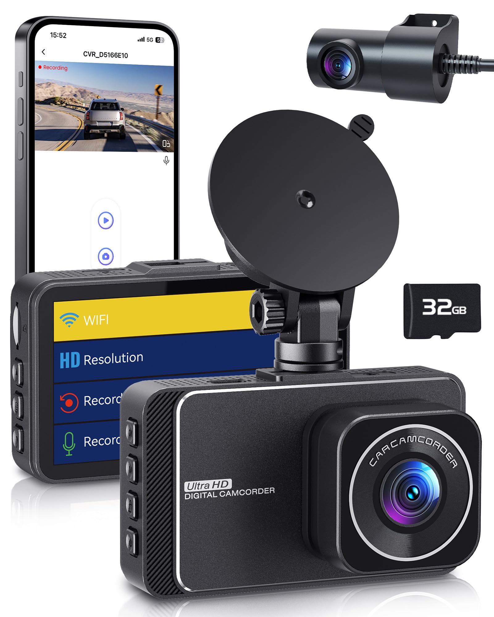 Dellfy Dash Cam, Dashcam Front And Rear Cameras, 4K+2.5K Full Hd Dash Camera For Cars, Included 32Gb Card, 170+160 Wide Angle, N
