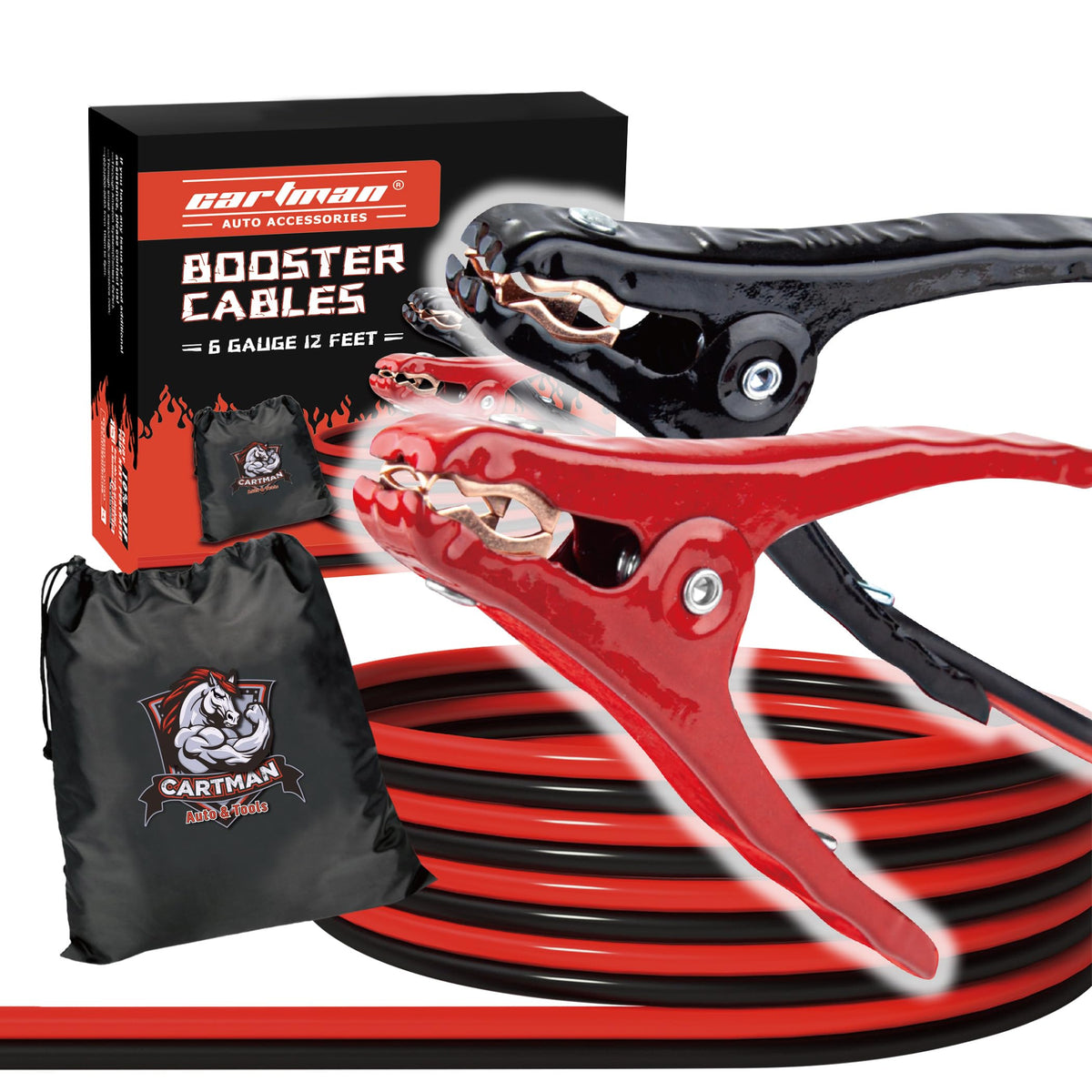 Cartman 6 Gauge 12 Feet Jumper Cables Heavy Duty Booster Cables With Carry Bag