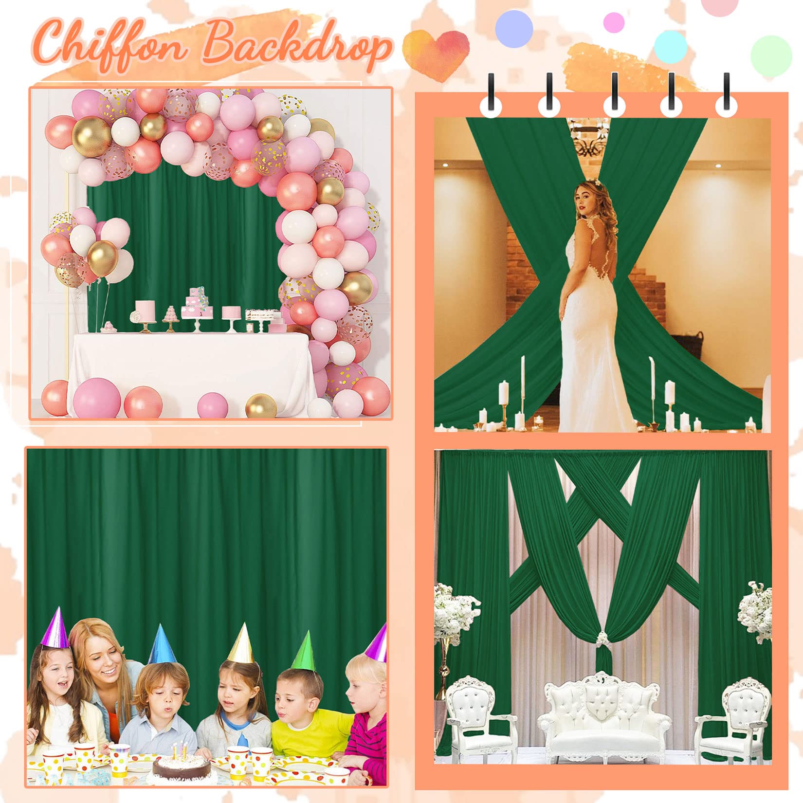 Emerald Green Backdrop Curtains 10Ftx10Ft 2 Panels Chiffon Fabric Wedding Drapes Semi Sheer Curtains For Backdrop Baby Shower Ba