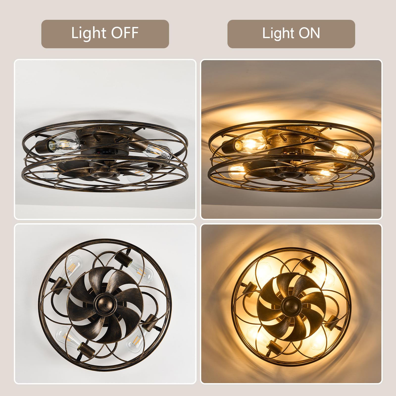 Flush Mount Caged Ceiling Fan: 20'' Caged Ceiling Fan With Lights And Remote, Bladeless Low Profile Ceiling Fans 6 Speed Reversi