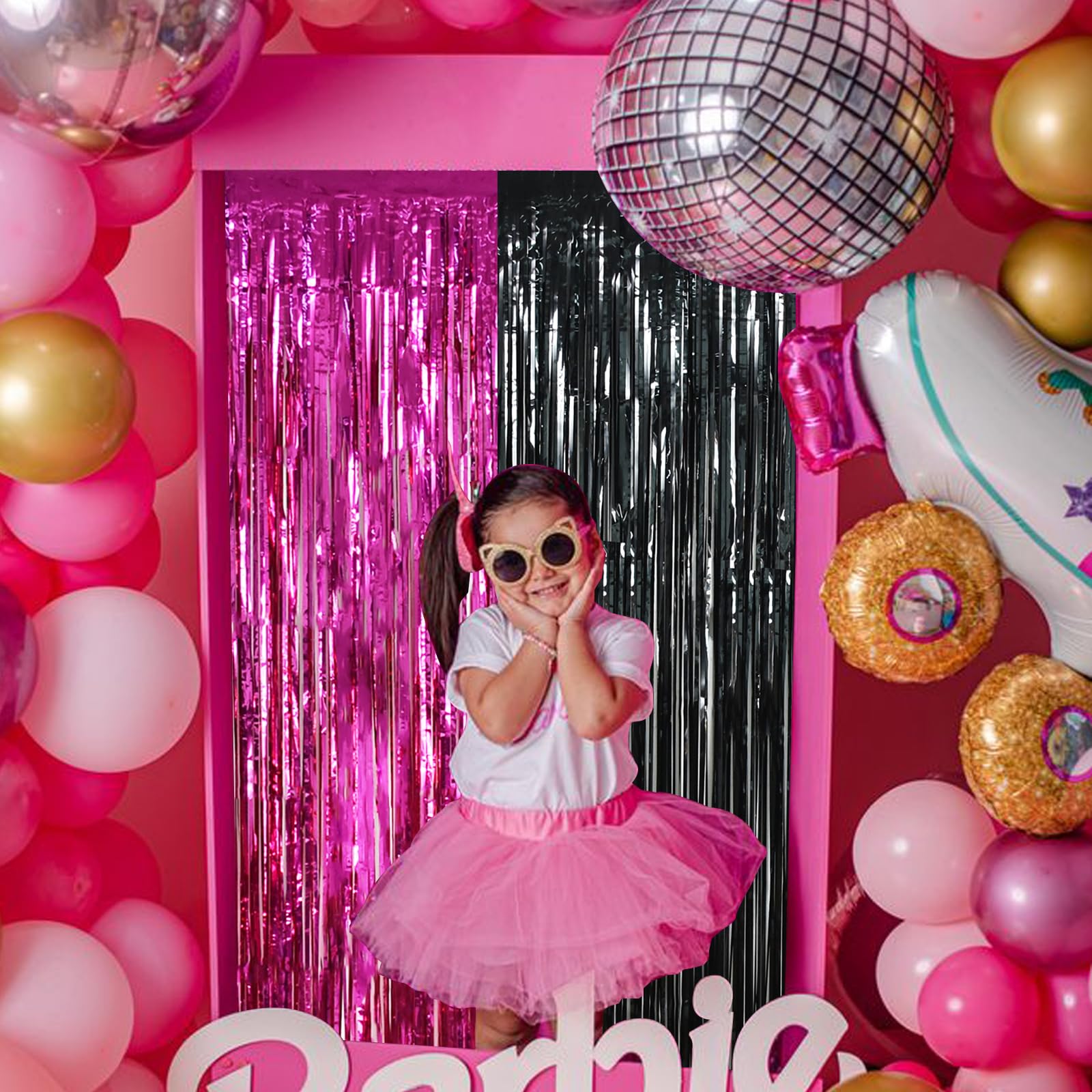 Beishida 4 Pcs Hot Pink Black Door Streamers Curtain Party Streamers Backdrop Pink Party Hot Pink Wall Background For Party Deco