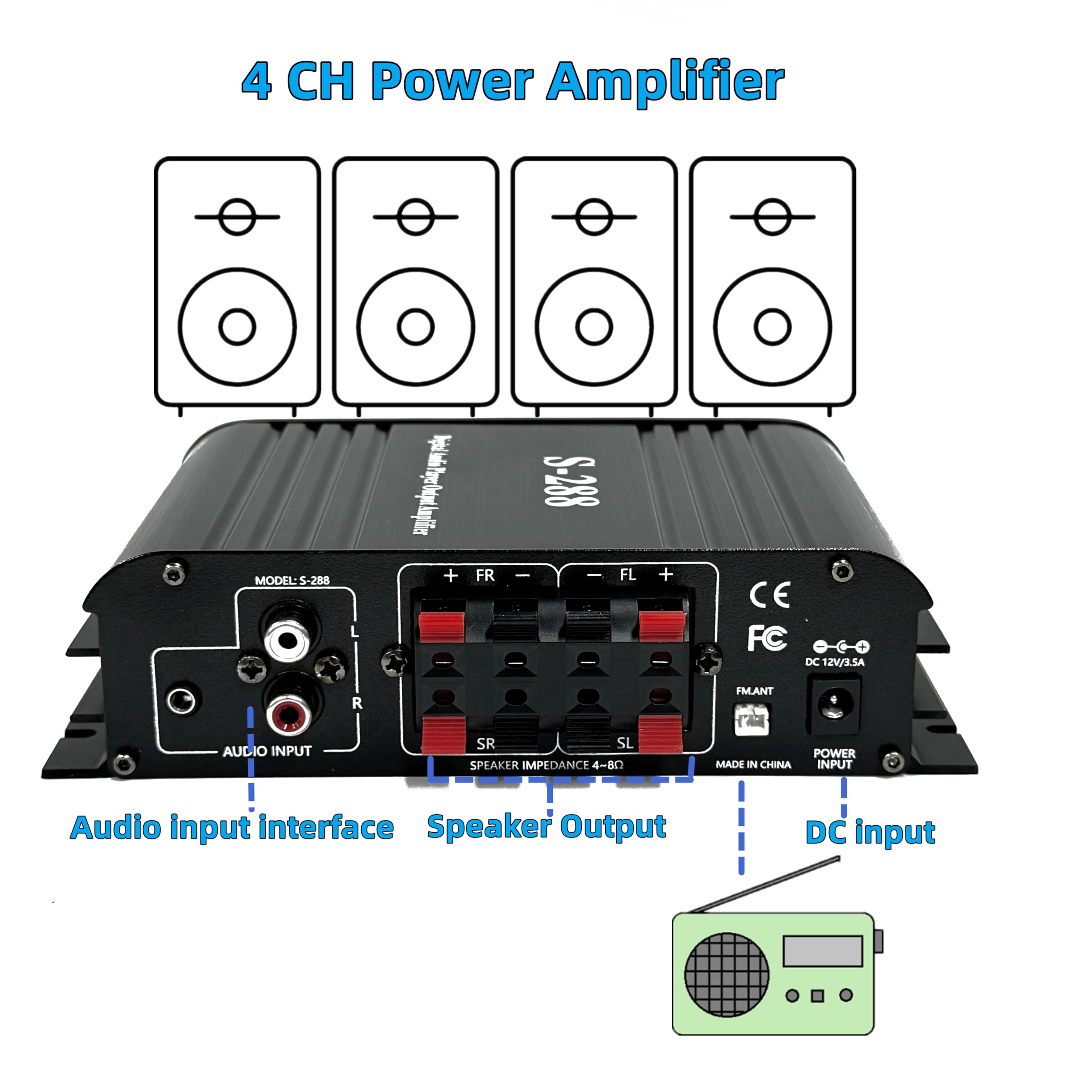 1200W Amplifier Home Audio 4 Channel, Bluetooth5.0 Small Amplifier, Rms 45Wx4, 300W*4 Peak Power Stereo Receiver With Usb, Sd, F