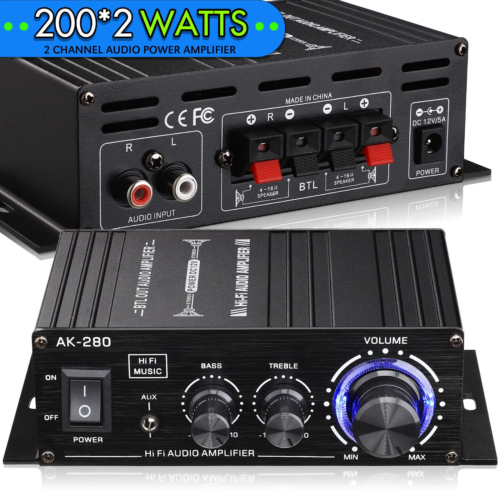 Facmogu Ak280 200W+200W Mini 2.0 Ch Audio Power Amplifier, 2.0 Ch Receiver Speaker Amp With 12V 5A Power Supply, Bass & Treble Control Music Player Sound Amplifier For Car Home Garage