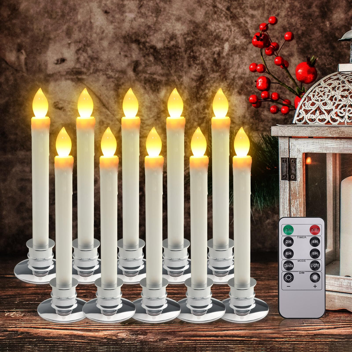 Led Flameless Window Candles With Remote Timer Sliver Base 10 Pcs Battery Operated Flickering Taper Candle Lights With Removable