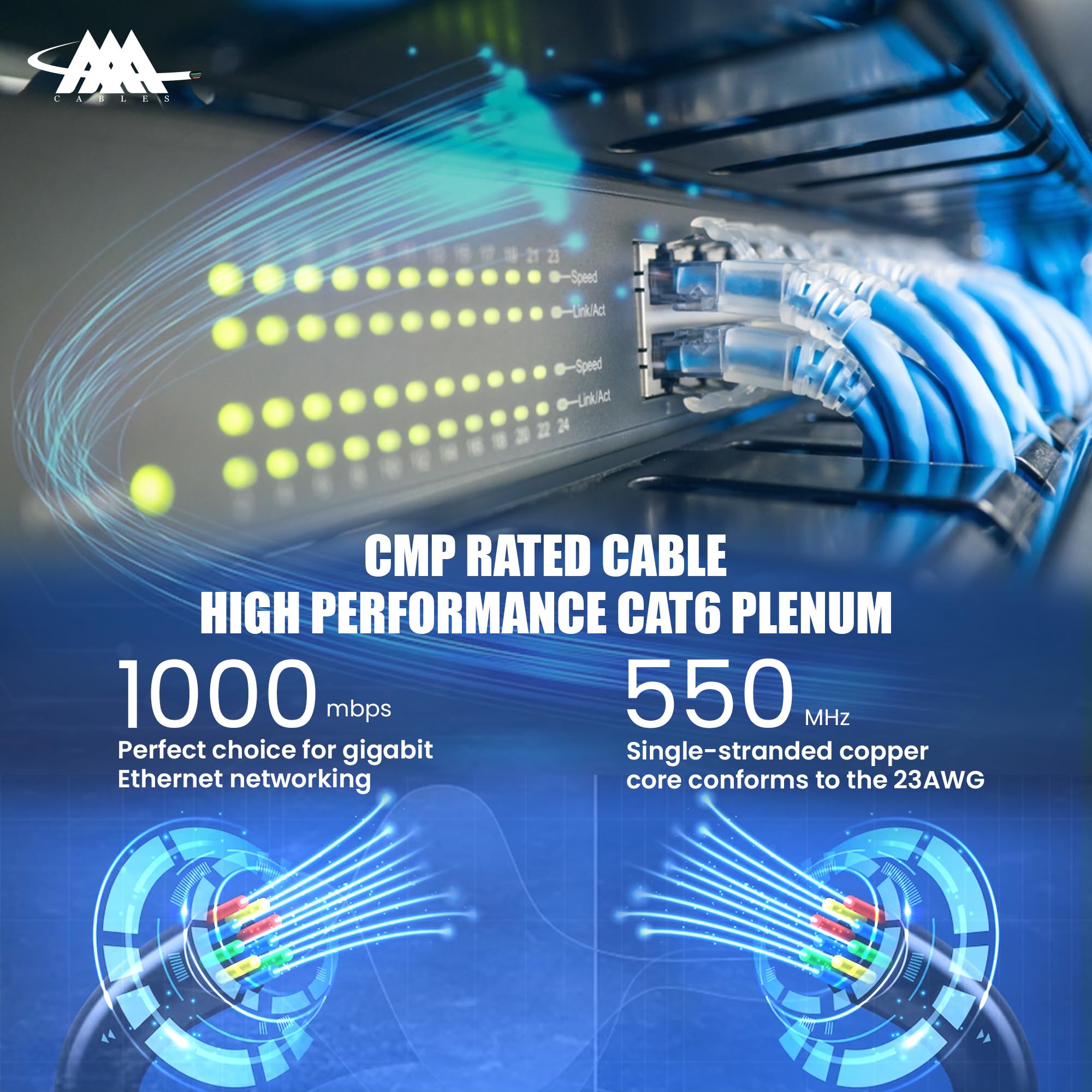Aaa Cmp Cat6 Plenum Cable 1000Ft | 0.58Mm Solid Conductor | Dsx 8000 Fluke Test Passed | 23Awg Ethernet Plenum Cat 6 Cable | Utp